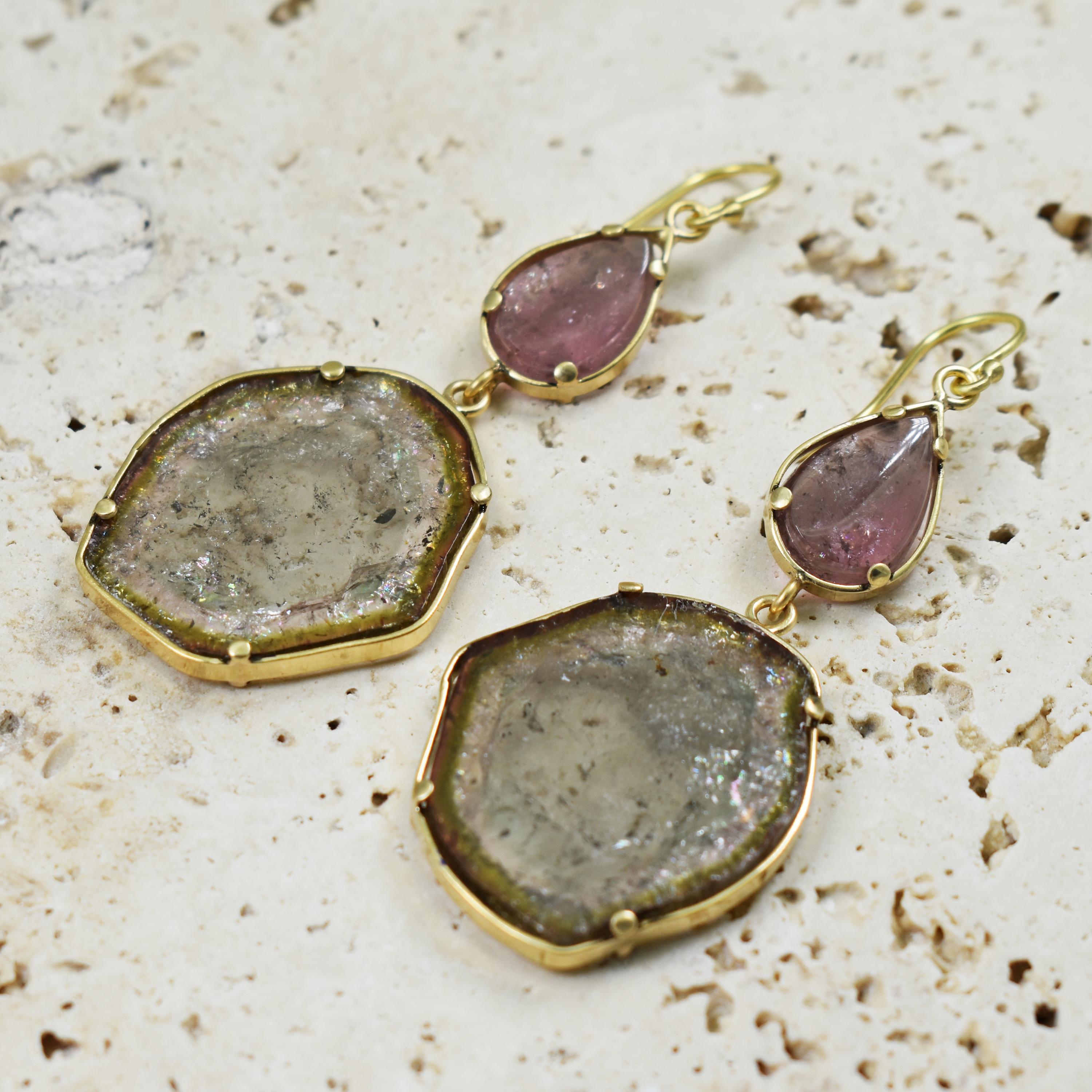 Pink Tourmaline pear-shaped cabochons and Watermelon Tourmaline slice gemstones from Russia set in hand-fabricated 18k yellow gold dangle earrings. Dangle earrings are 3 inches in length. Unique and beautiful Tourmaline in these one-of-a-kind,