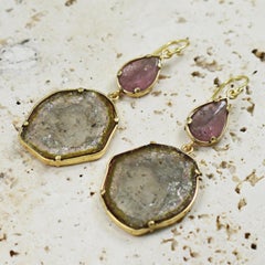 Pink and Watermelon Tourmaline Slice 18 Karat Yellow Gold Dangle Earrings