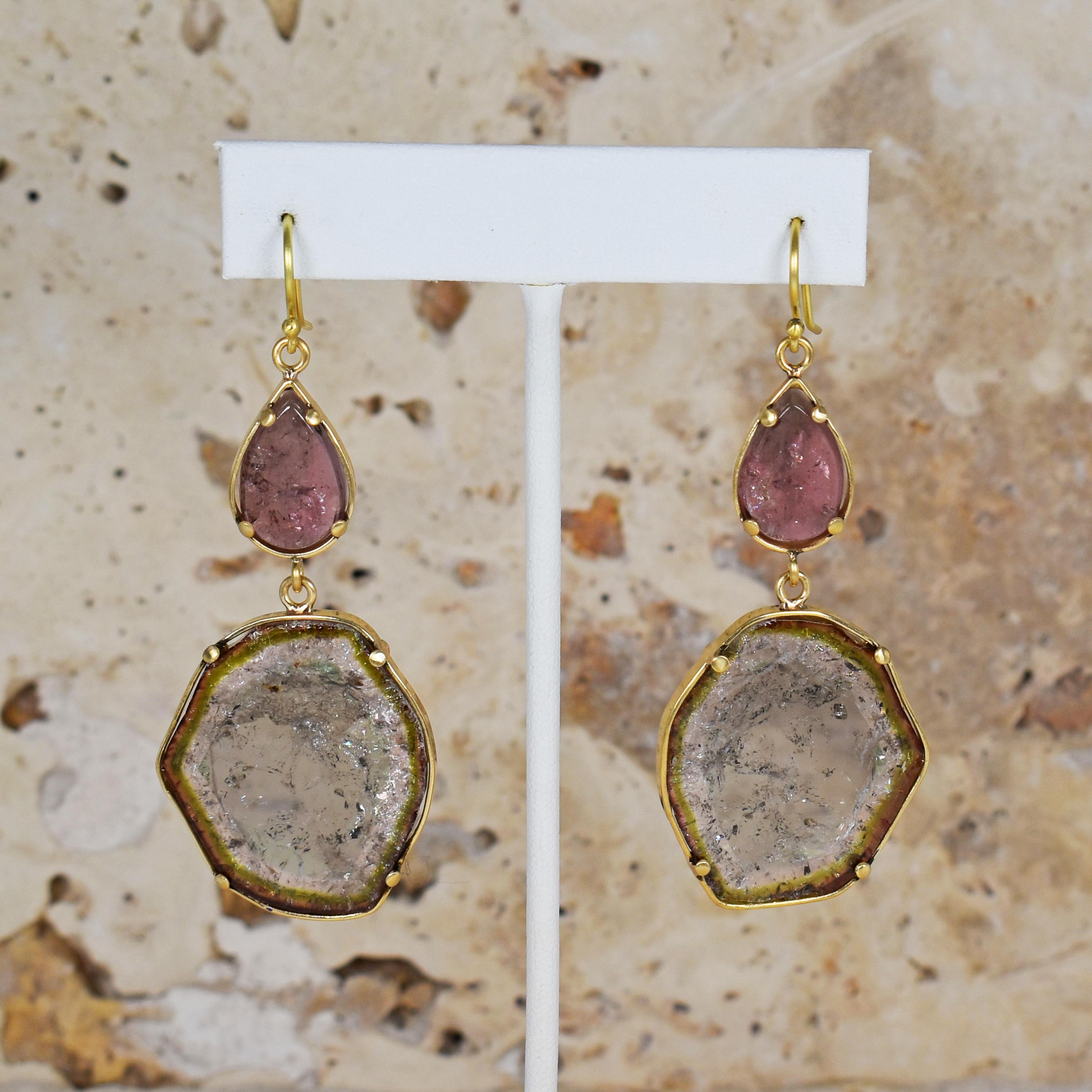 watermelon tourmaline slice earrings