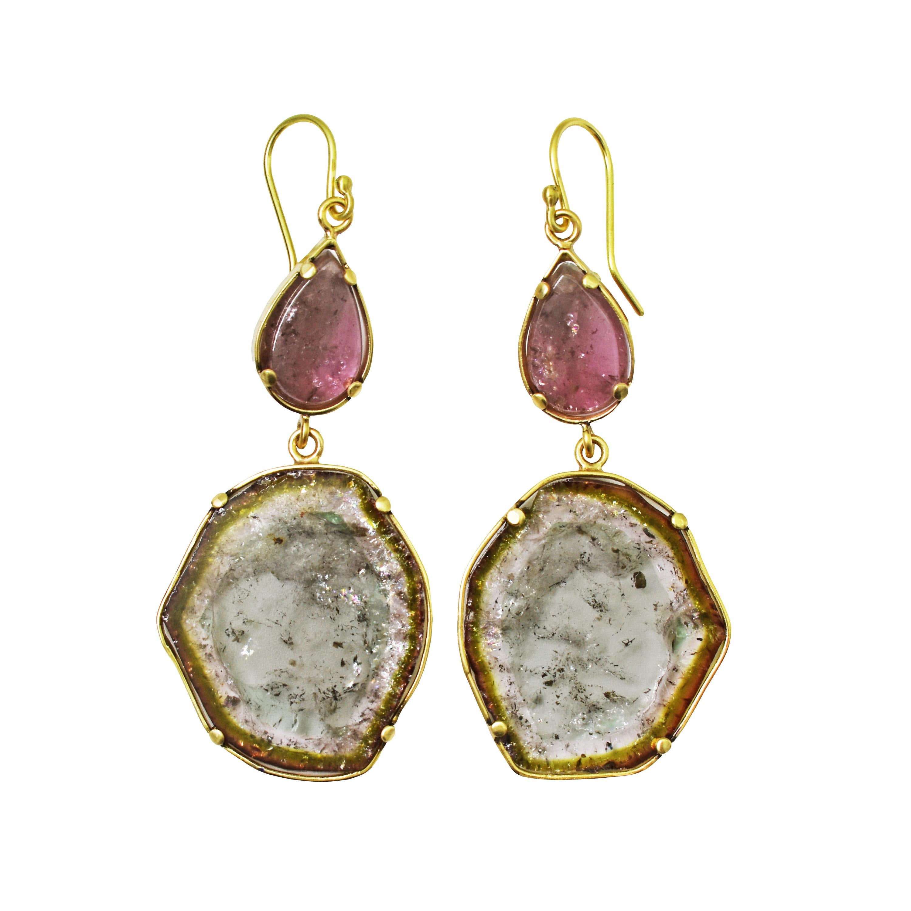 Pink and Watermelon Tourmaline Slice 18 Karat Yellow Gold Dangle Earrings In New Condition For Sale In Naples, FL