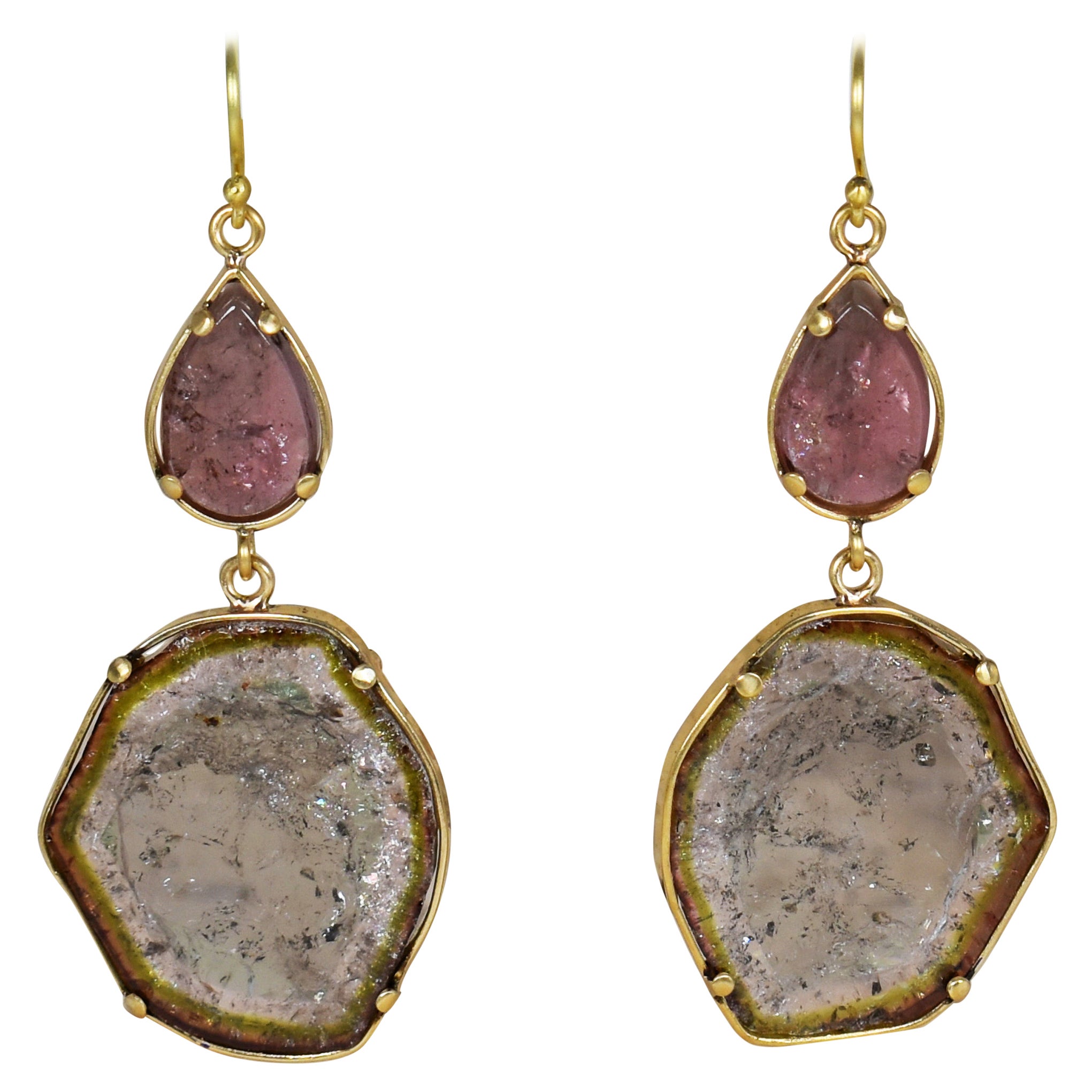 Pendants d'oreilles en or jaune 18 carats avec tranches de tourmaline rose et melon d'eau
