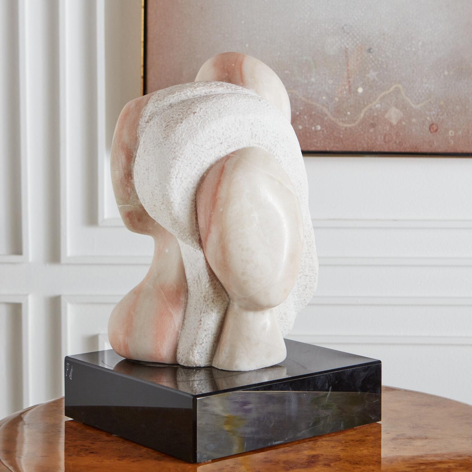 Unknown Pink and White Abstract Marble Sculpture on Black Base