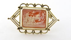 Pink and White Chariot Scene Cameo with 14K Yellow Handmade Frame Brooch Pin