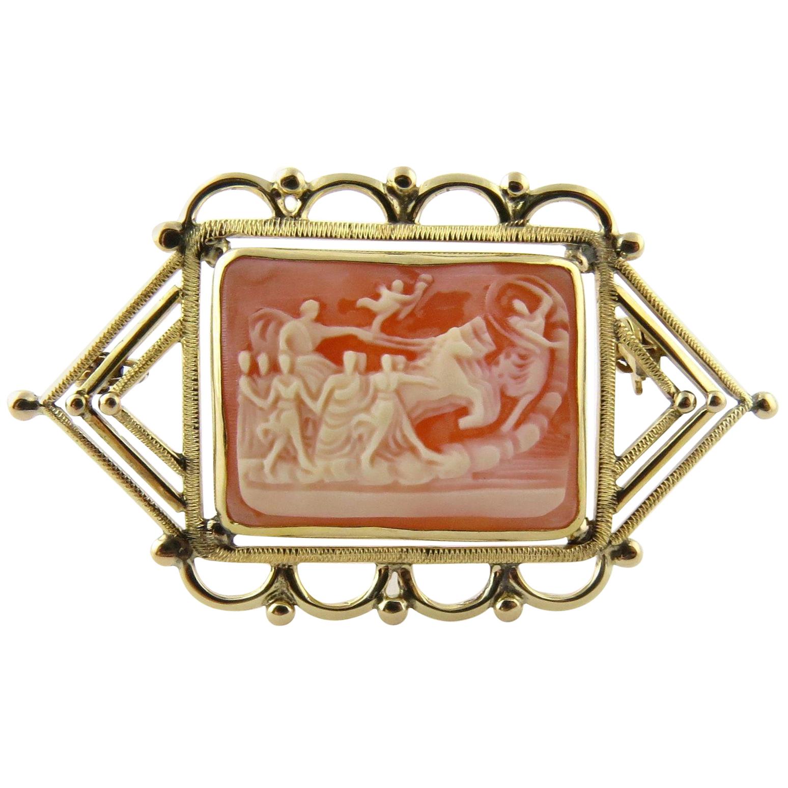 Pink and White Chariot Scene Cameo with 14K Yellow Handmade Frame Brooch Pin For Sale