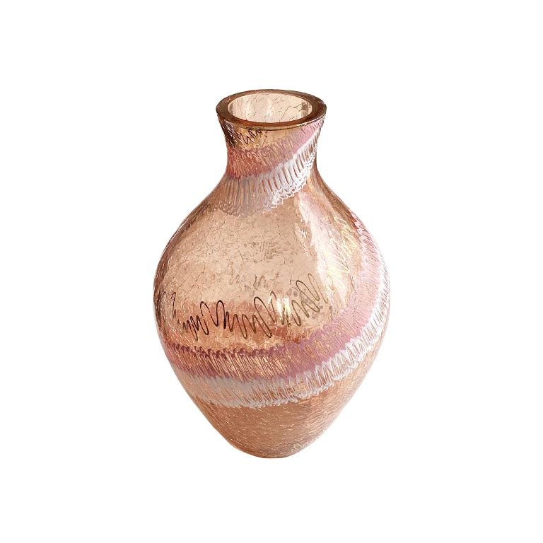 Vase aus rosa und weißem,rackle-bemaltem Kunstglas