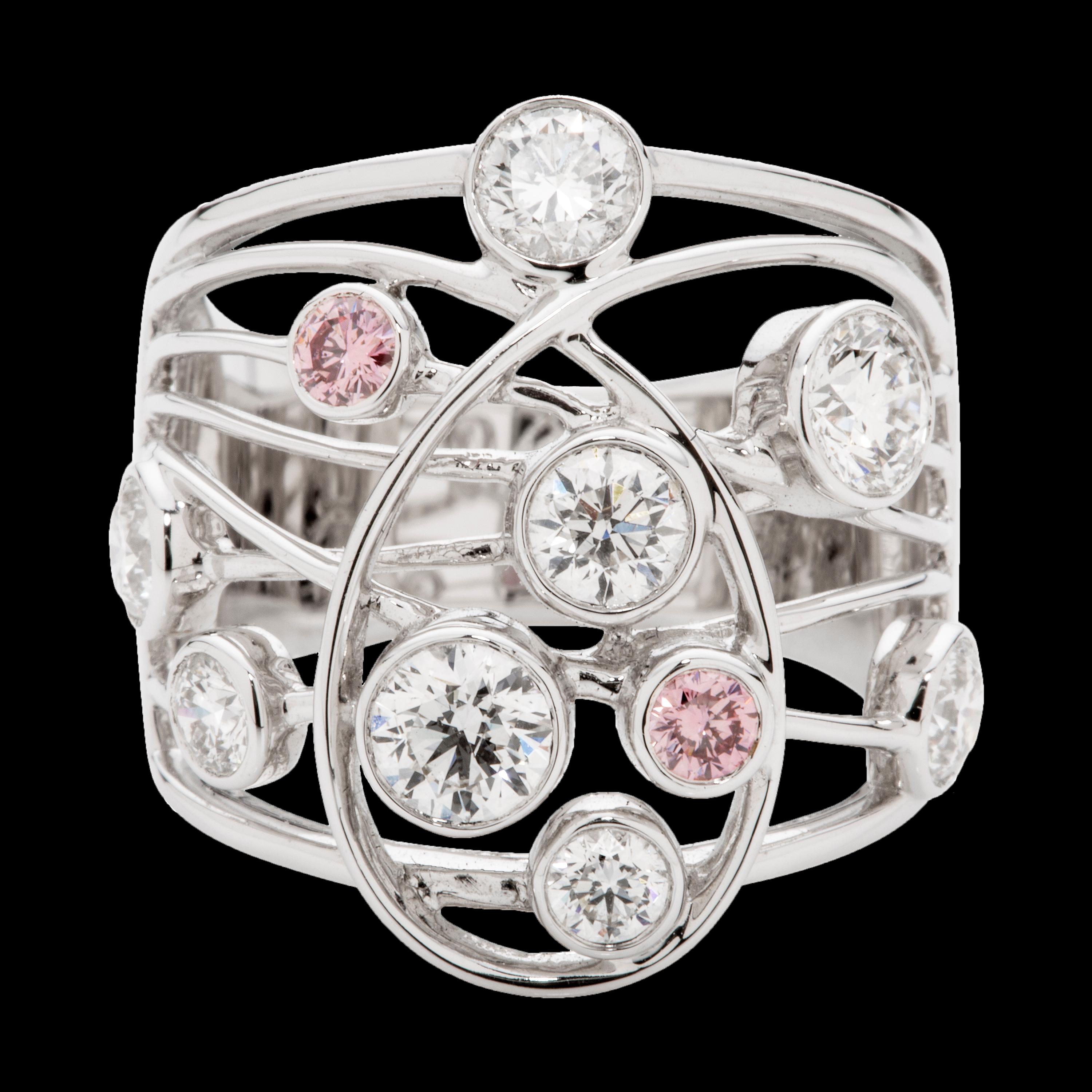 Round Cut Pink and White Diamond 18 Karat White Gold Dress Ring