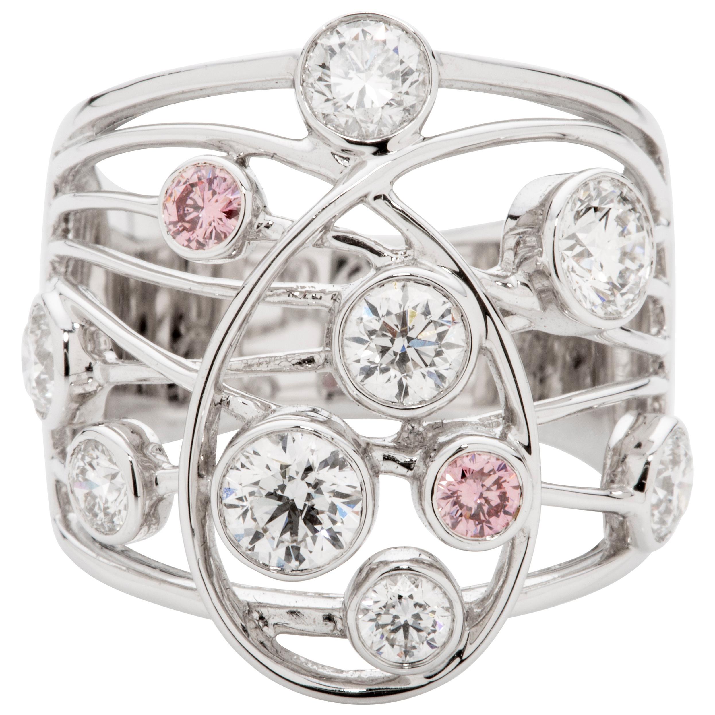Pink and White Diamond 18 Karat White Gold Dress Ring