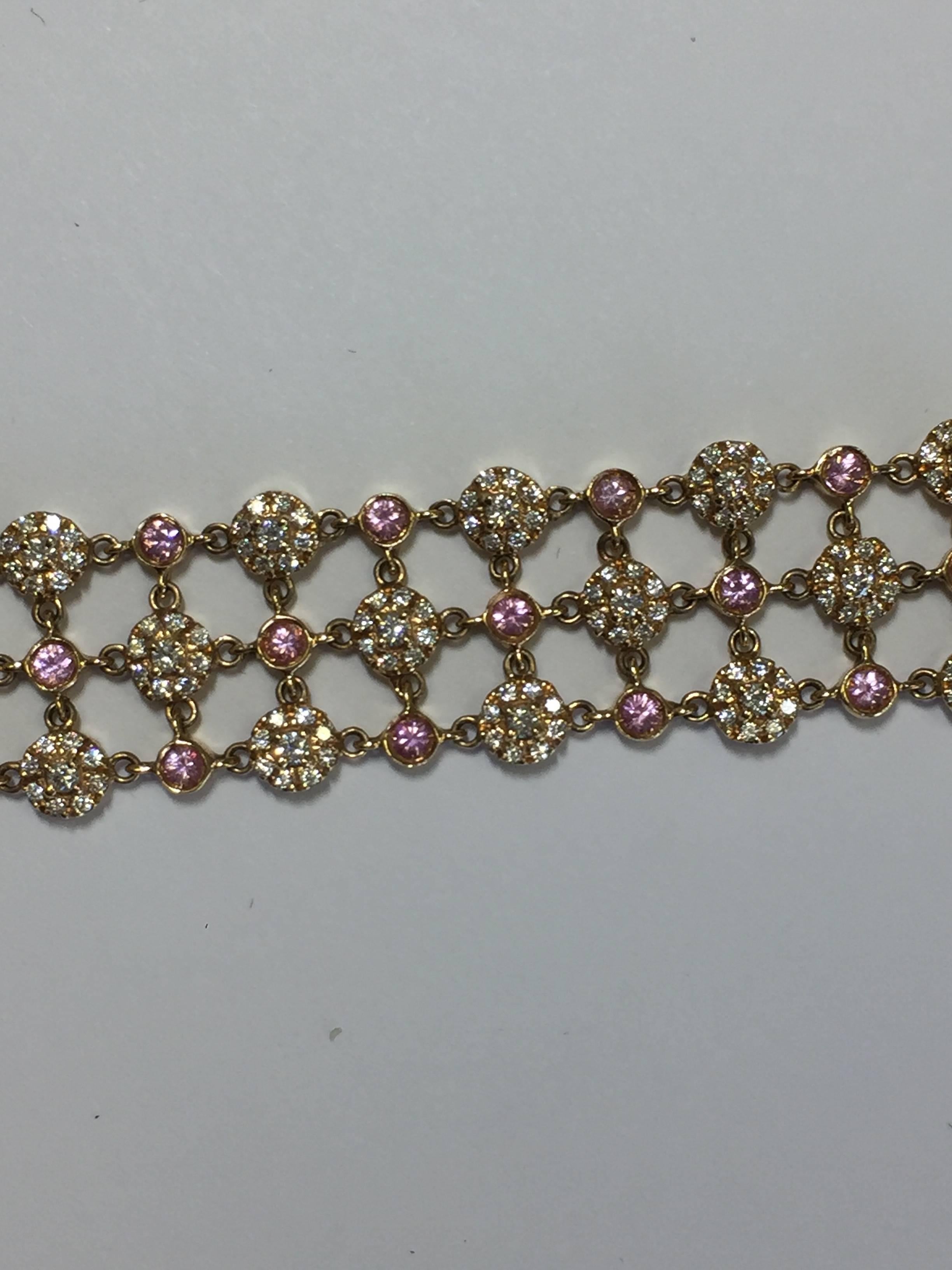 Round Cut Pink and White Diamond Bracelet in 18 Karat Rose Gold