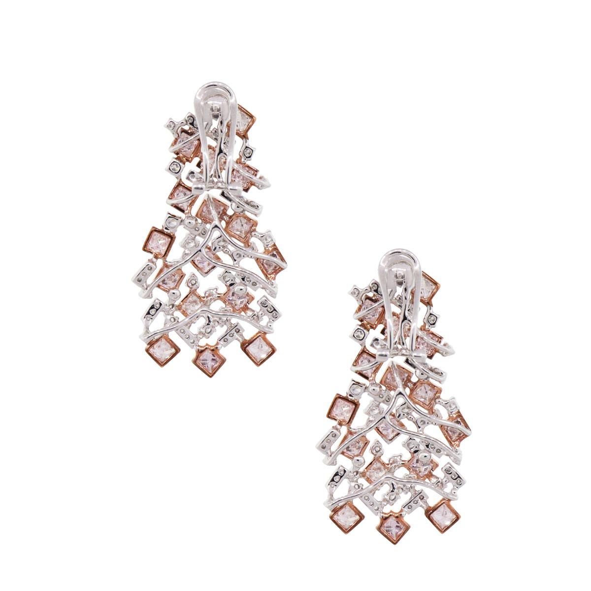 Princess Cut Pink and White Diamond Cluster Earrings