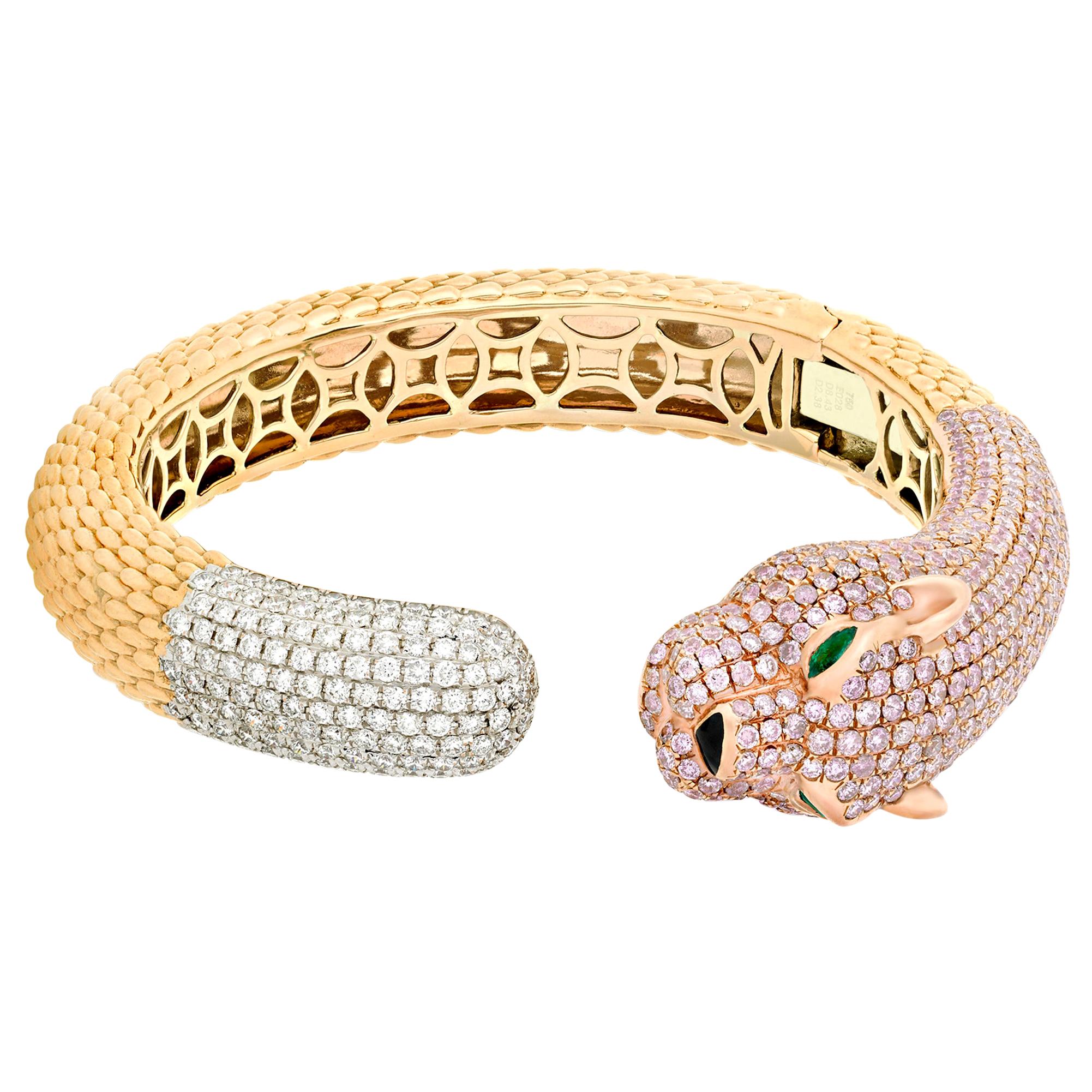 Pink and White Diamond Panther Bangle Bracelet, 8.43 Carat
