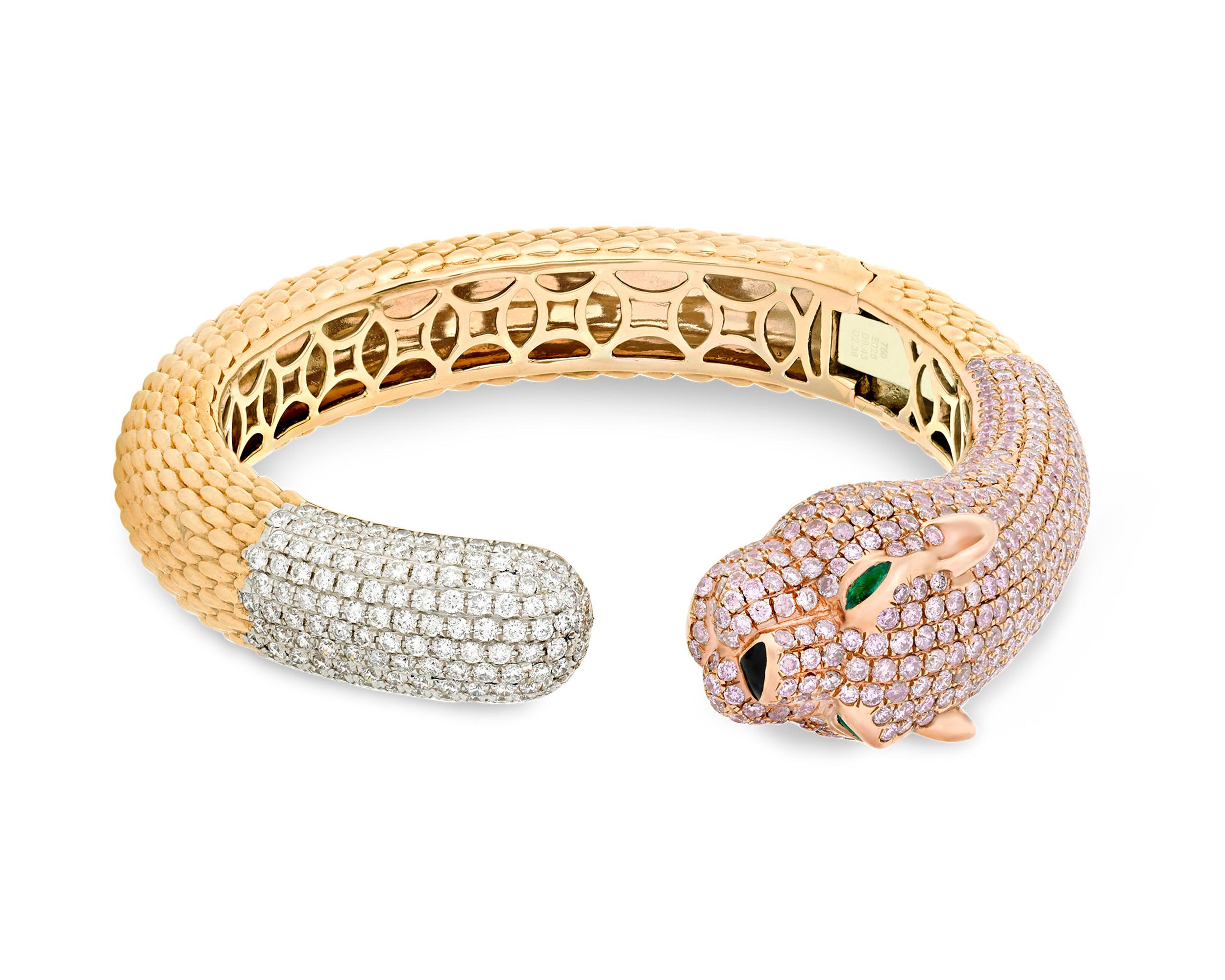 Modern Pink and White Diamond Panther Bangle Bracelet, 8.43 Carat