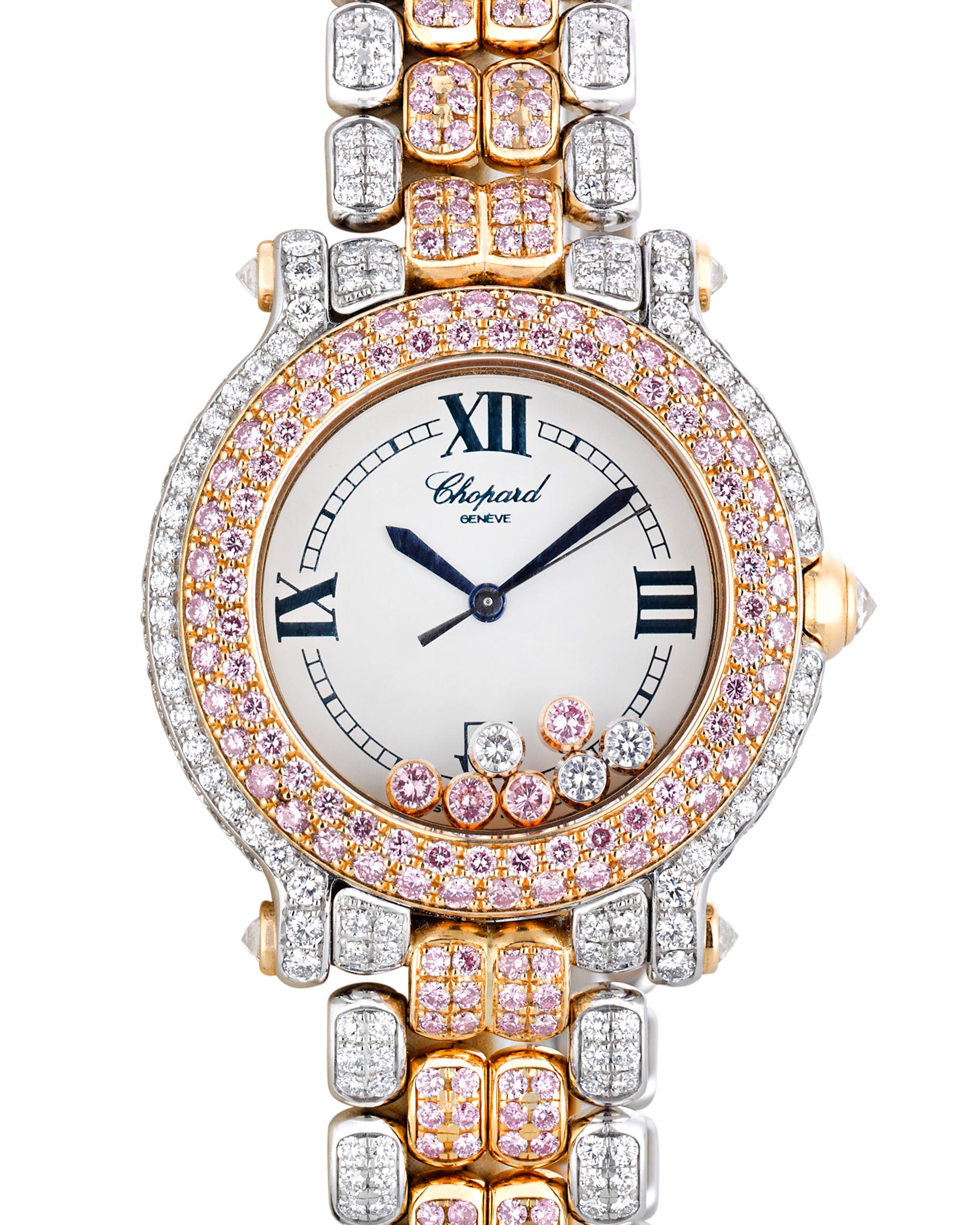 Hailing from the highly popular Happy Sport collection, this quartz watch by Chopard Geneva exemplifies the playful femininity of this sought-after luxury line. Its 18k white and rose gold case and band is embedded with pink and white diamonds