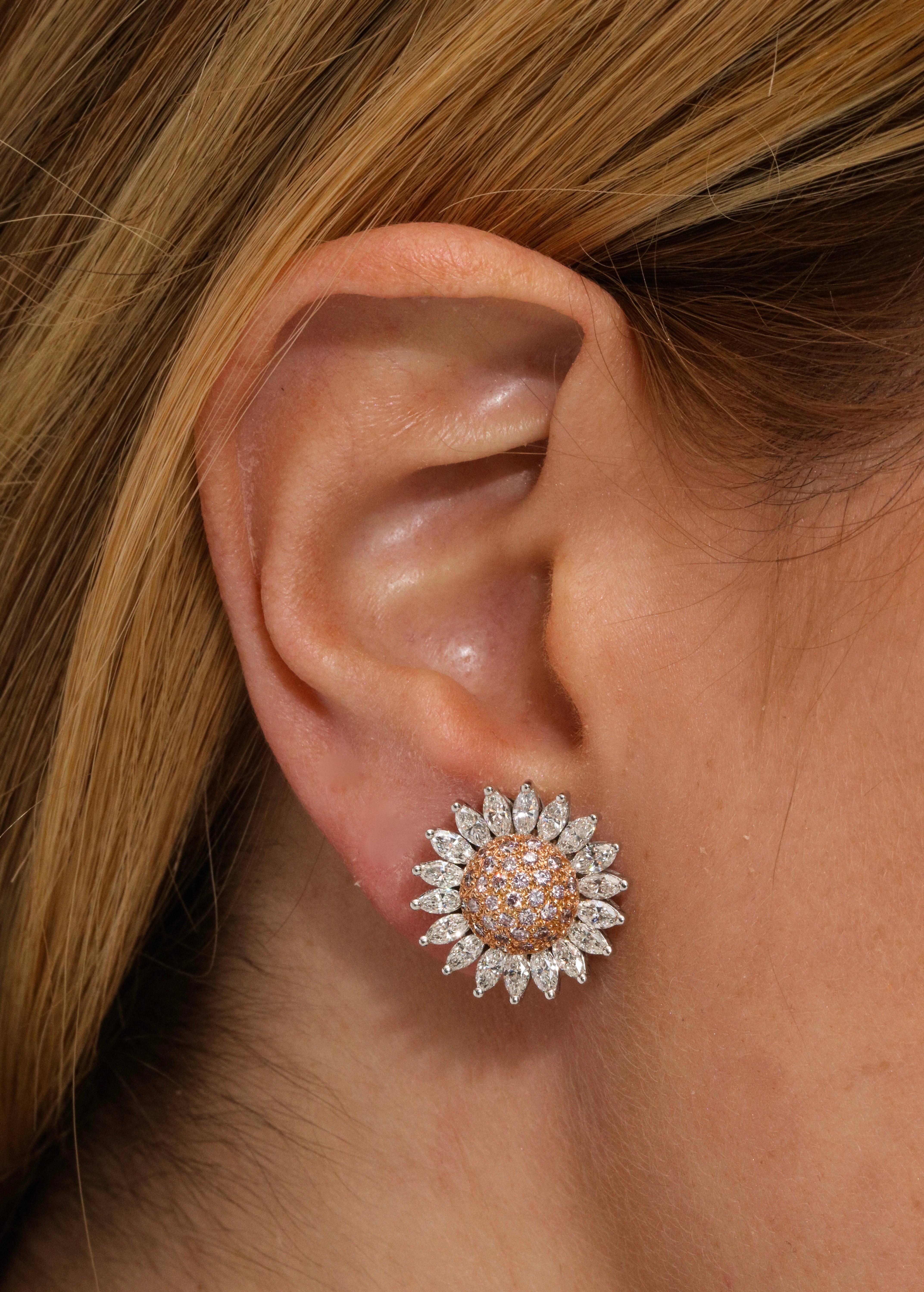 Synthesis Pink and White Diamond White Gold and Rose Gold Earrings In New Condition For Sale In New York, NY