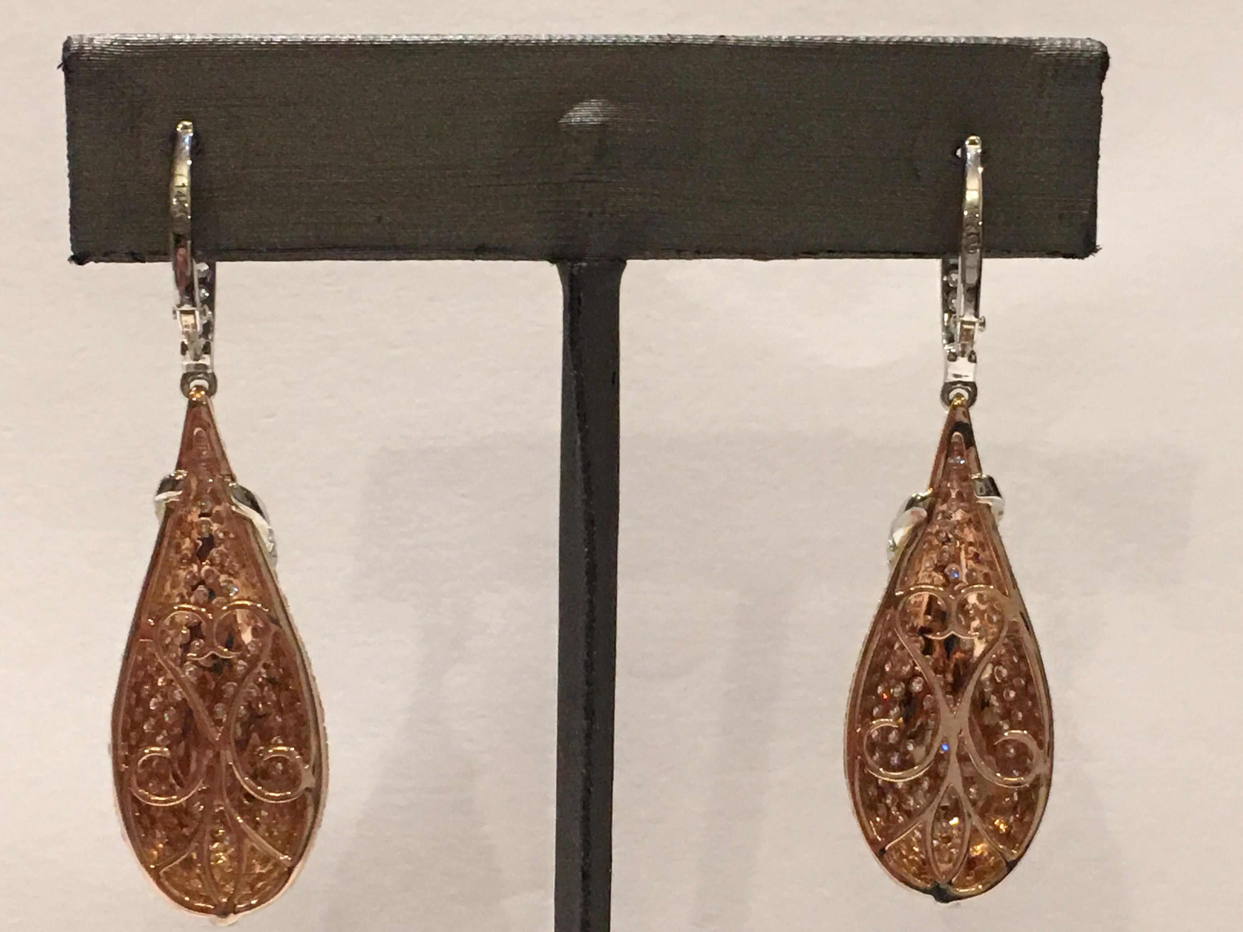 Artisan Pink and White Diamonds Set in 14 Karat Two-Tone Gold Earrings