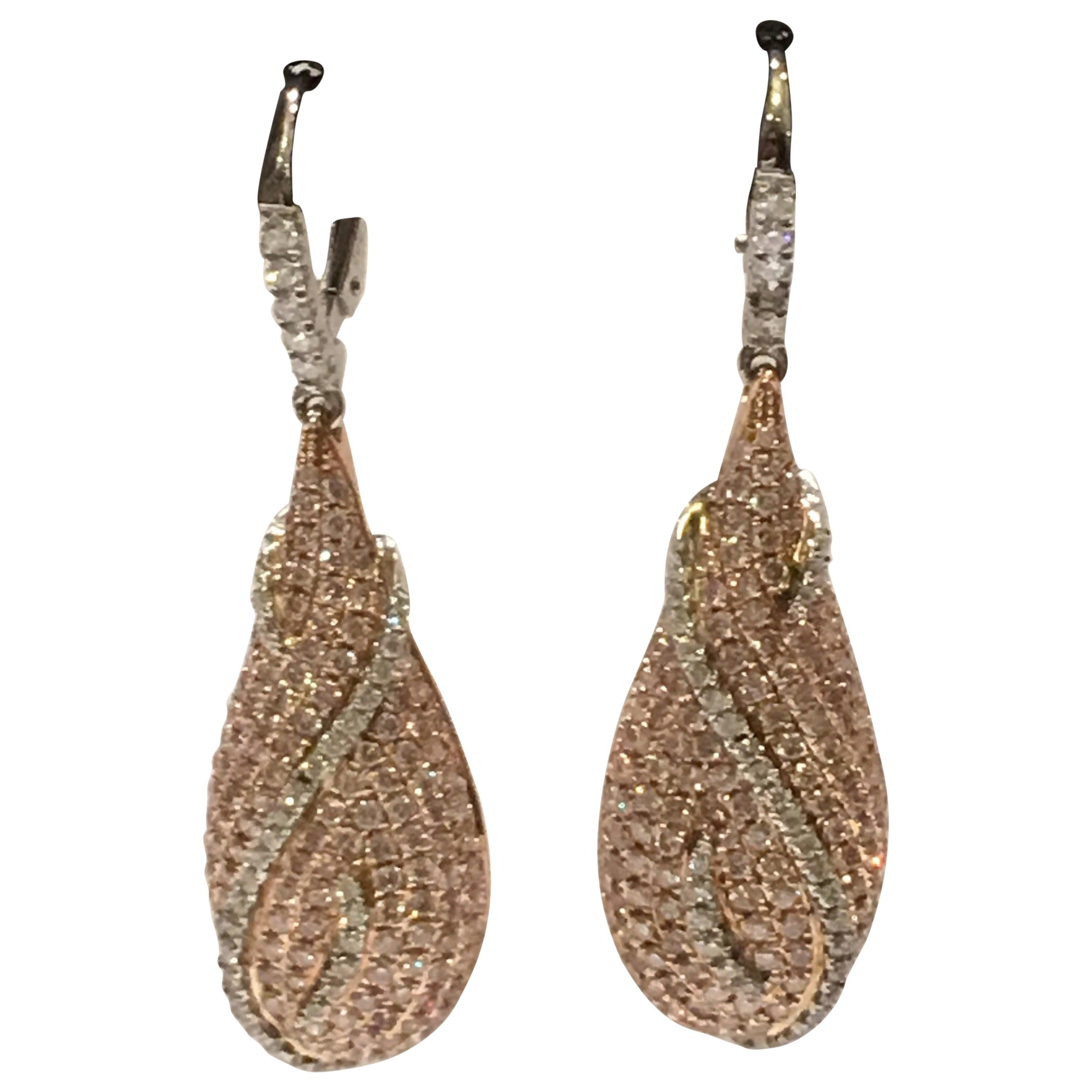 Pink and White Diamonds Set in 14 Karat Two-Tone Gold Earrings
