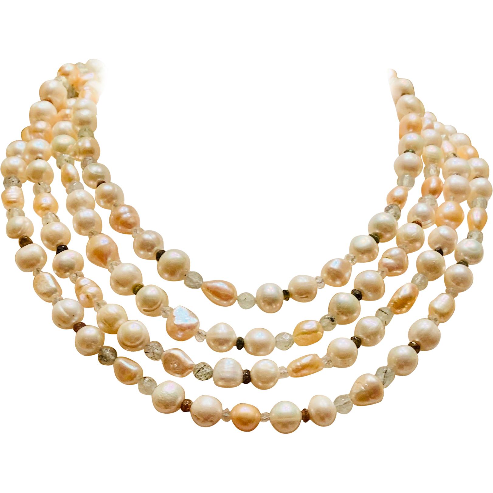 82" Long Pink and White Freshwater Pearl Necklace with Tourmaline and Moonstone For Sale
