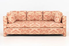 Pink and White Linen Upholstered Three-Seat Sofa