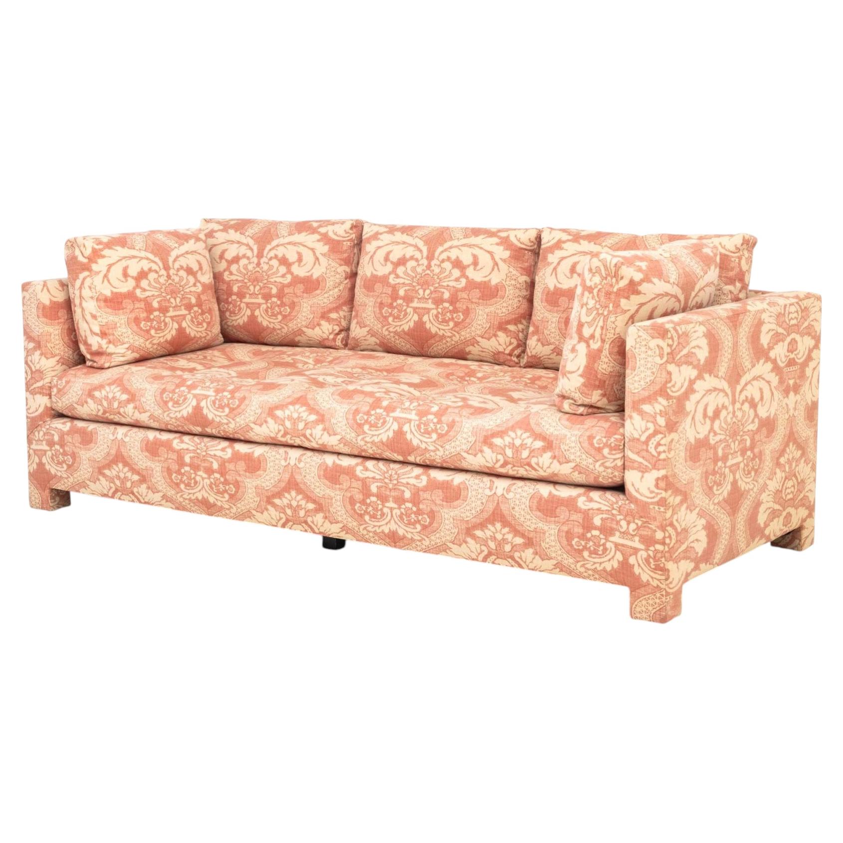 Pink and White Patterned Linen Upholstered Three-Seat Sofa For Sale