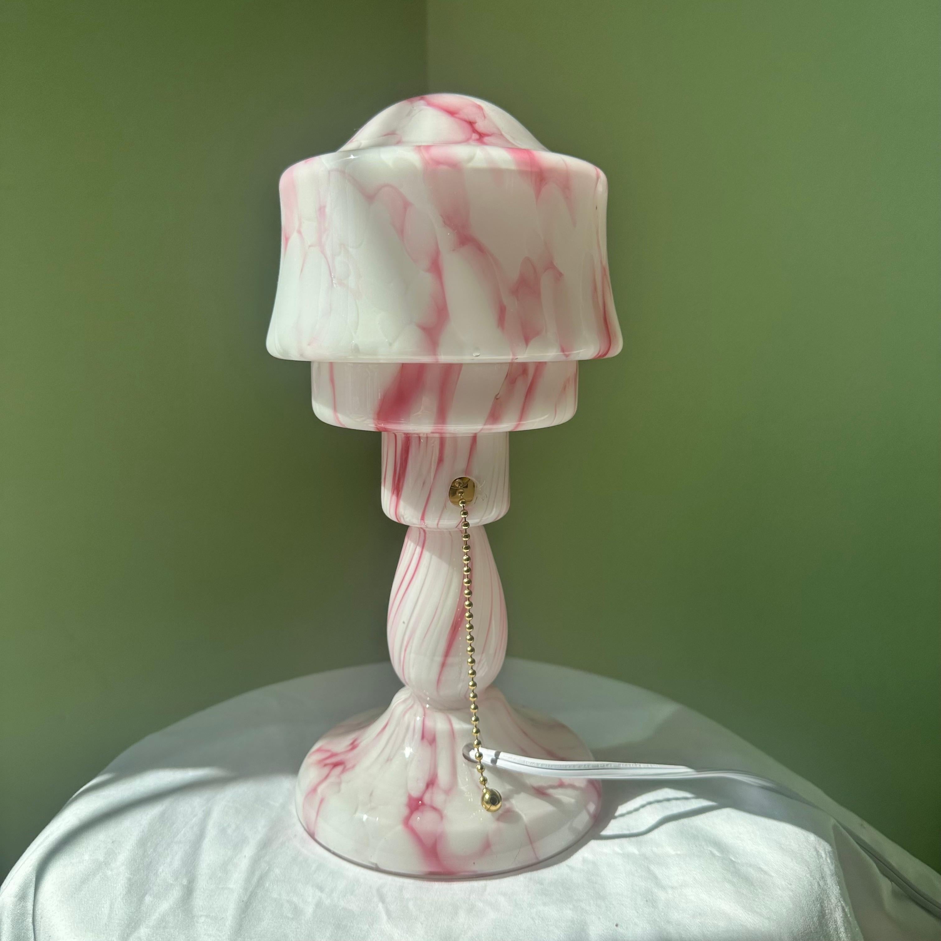 Czech Pink and White Modernist Art Deco Glass Mushroom Table Lamp For Sale