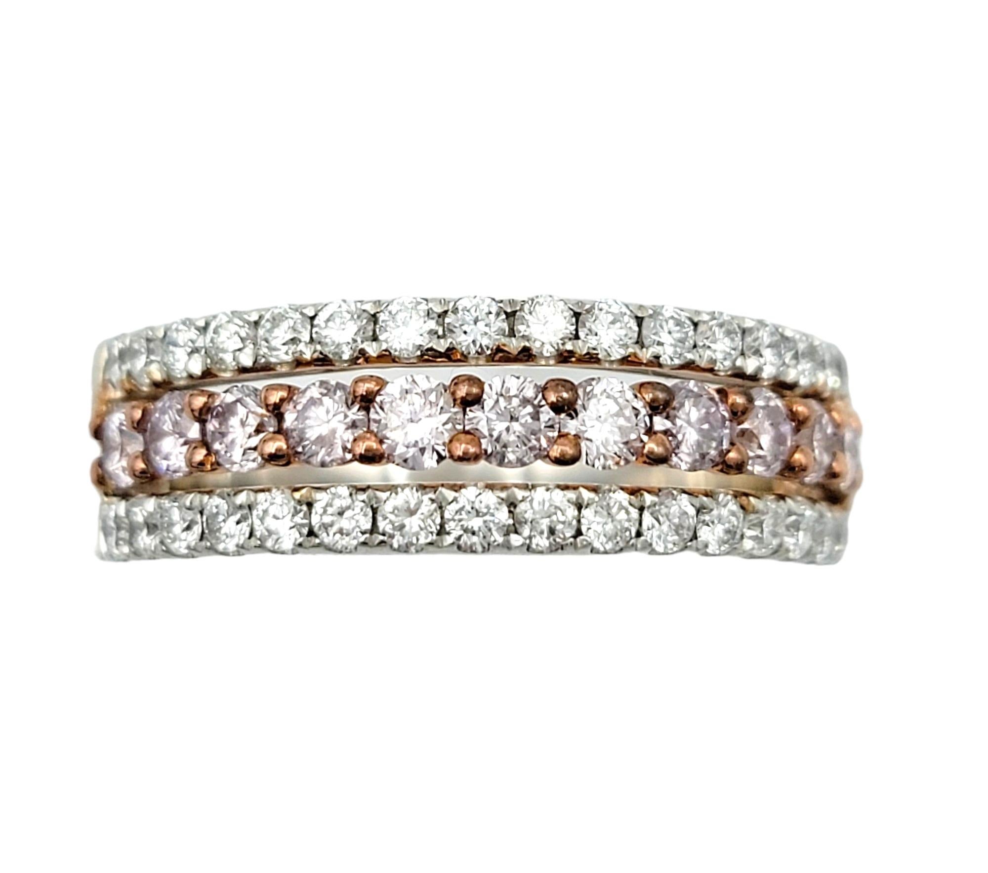 Contemporary Pink and White Pave Diamond Triple Row Semi-Eternity Band Ring in 18 Karat Gold For Sale