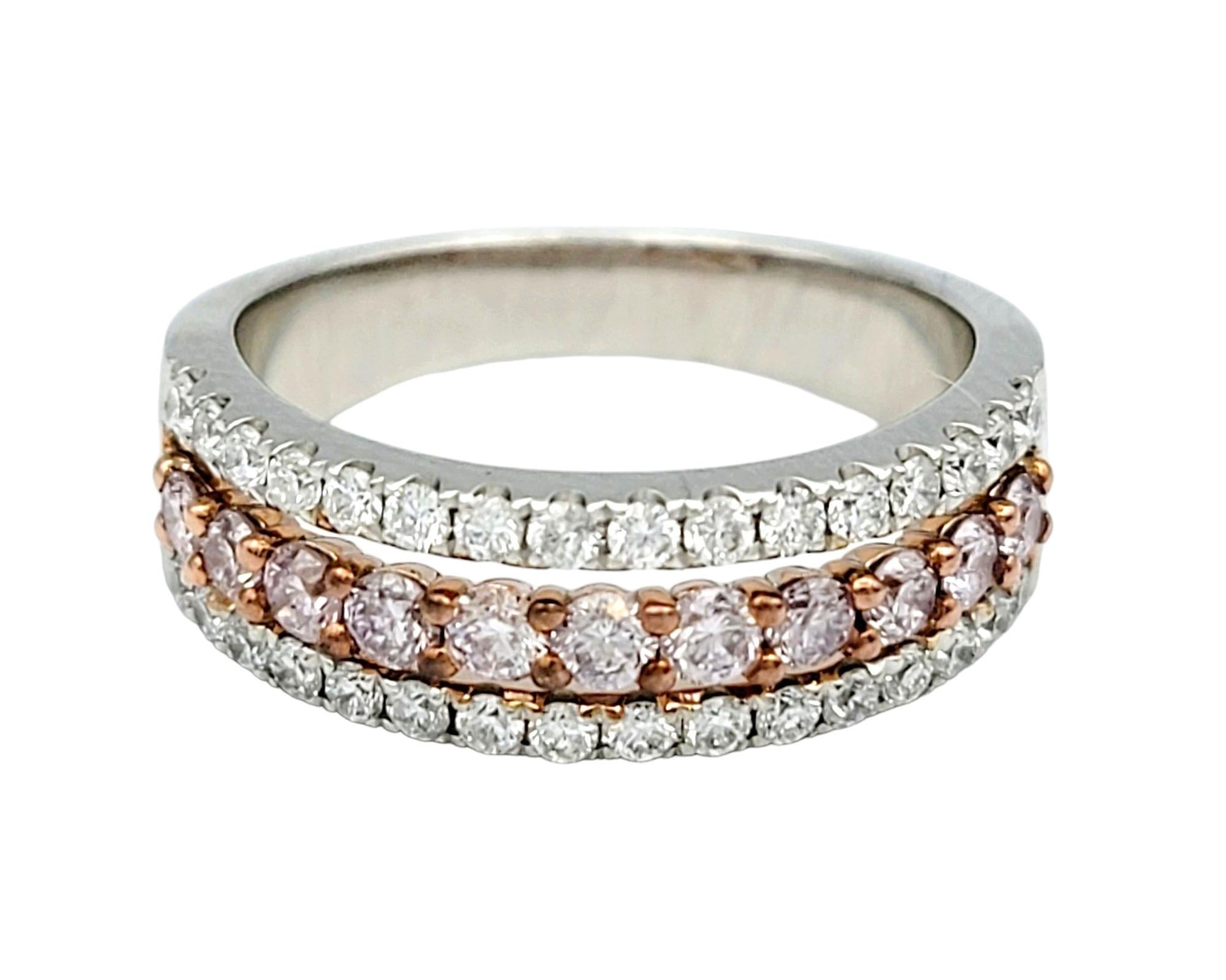 Round Cut Pink and White Pave Diamond Triple Row Semi-Eternity Band Ring in 18 Karat Gold For Sale