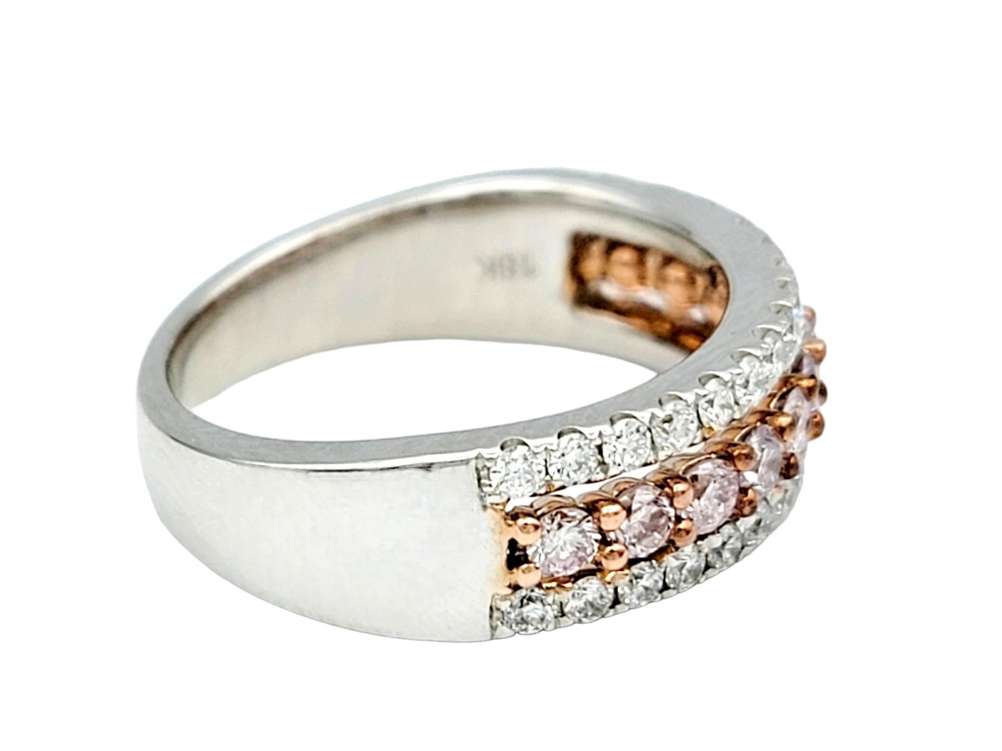 Pink and White Pave Diamond Triple Row Semi-Eternity Band Ring in 18 Karat Gold In Excellent Condition For Sale In Scottsdale, AZ
