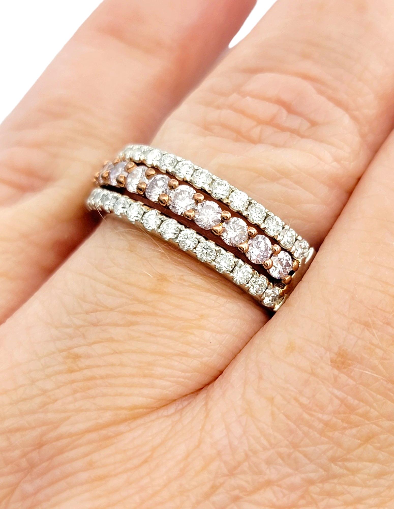 Pink and White Pave Diamond Triple Row Semi-Eternity Band Ring in 18 Karat Gold For Sale 3