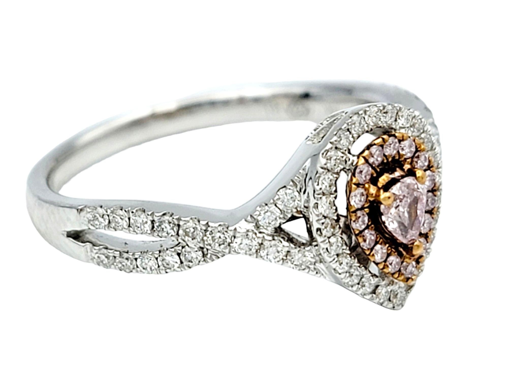 Pear Cut Pink and White Pear-Shaped Diamond Double Halo Ring Set in 18 Karat White Gold For Sale