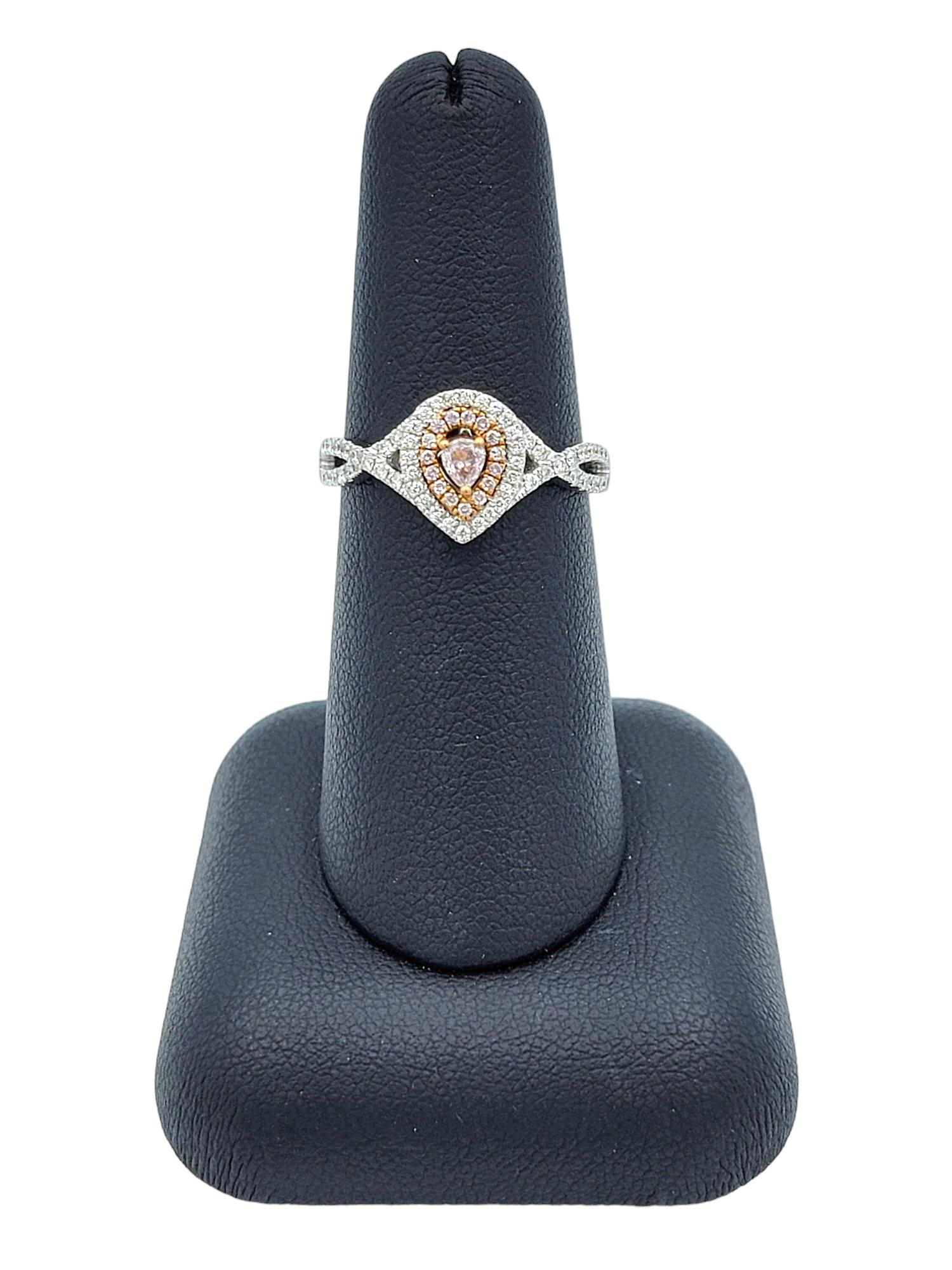 Pink and White Pear-Shaped Diamond Double Halo Ring Set in 18 Karat White Gold For Sale 3