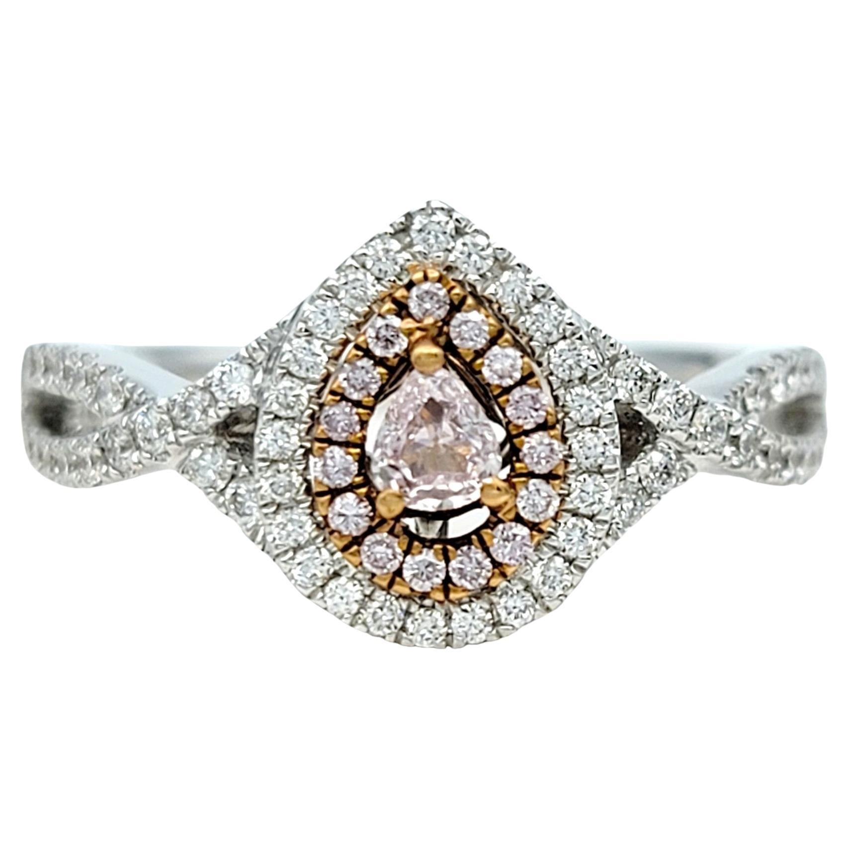 Pink and White Pear-Shaped Diamond Double Halo Ring Set in 18 Karat White Gold For Sale