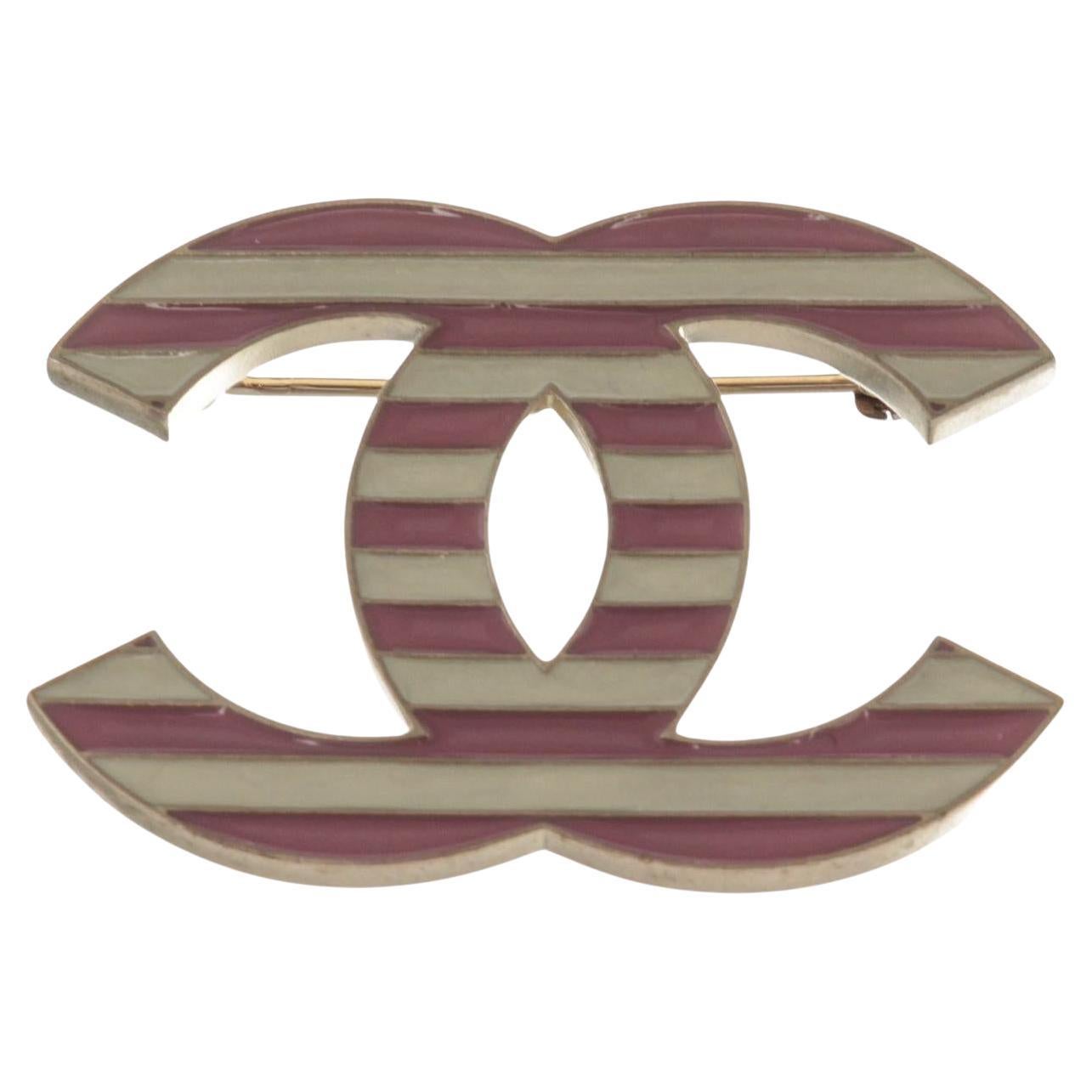 Pink and White Stripe Chanel CC Enamel Brooch Features CC Logo and Gold-Tone 