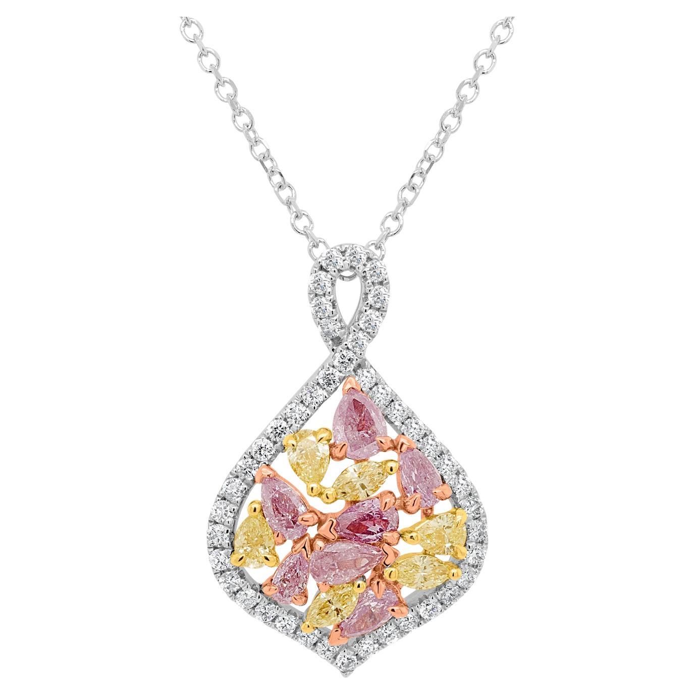 Pink and Yellow Diamond Cluster Pendant For Sale