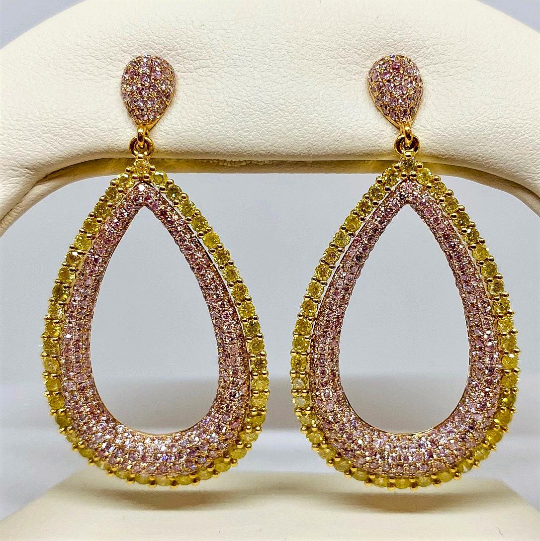 5.16 Carats Pink and Yellow Diamond Drop Earrings in 18KT Gold In New Condition For Sale In Houston, TX