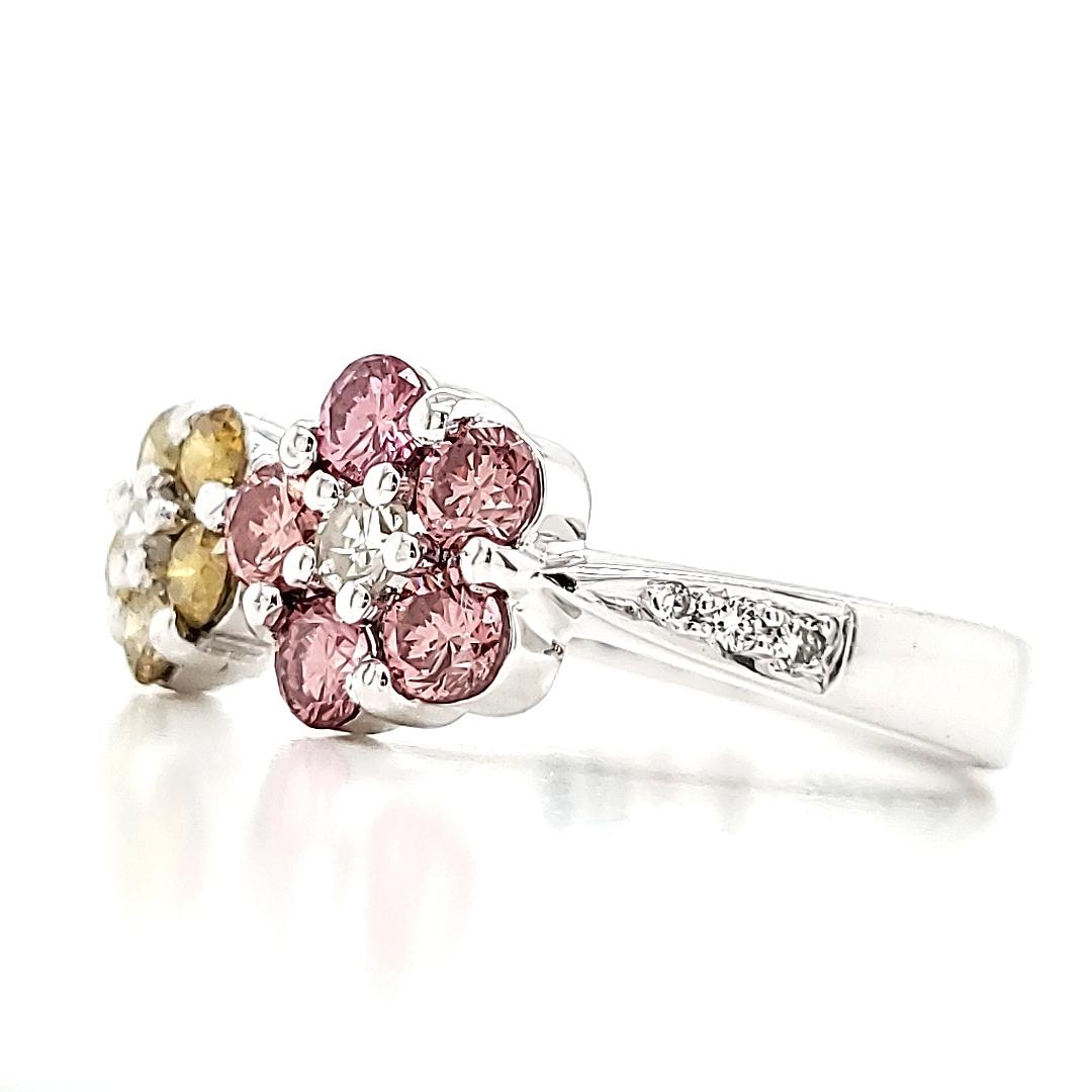 Contemporary Pink and Yellow diamond flower motif ring. Valentines or otherwise. For Sale