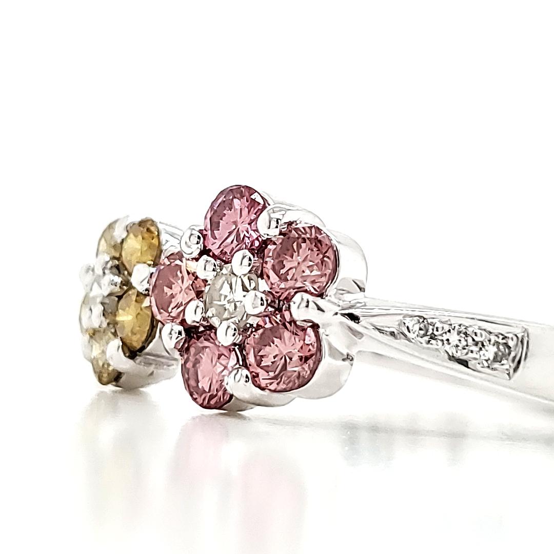 Women's Pink and Yellow diamond flower motif ring. Valentines or otherwise. For Sale