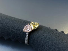 GIA Certified Pink and Yellow Heart Shape Diamond "Toi et Moi" Ring