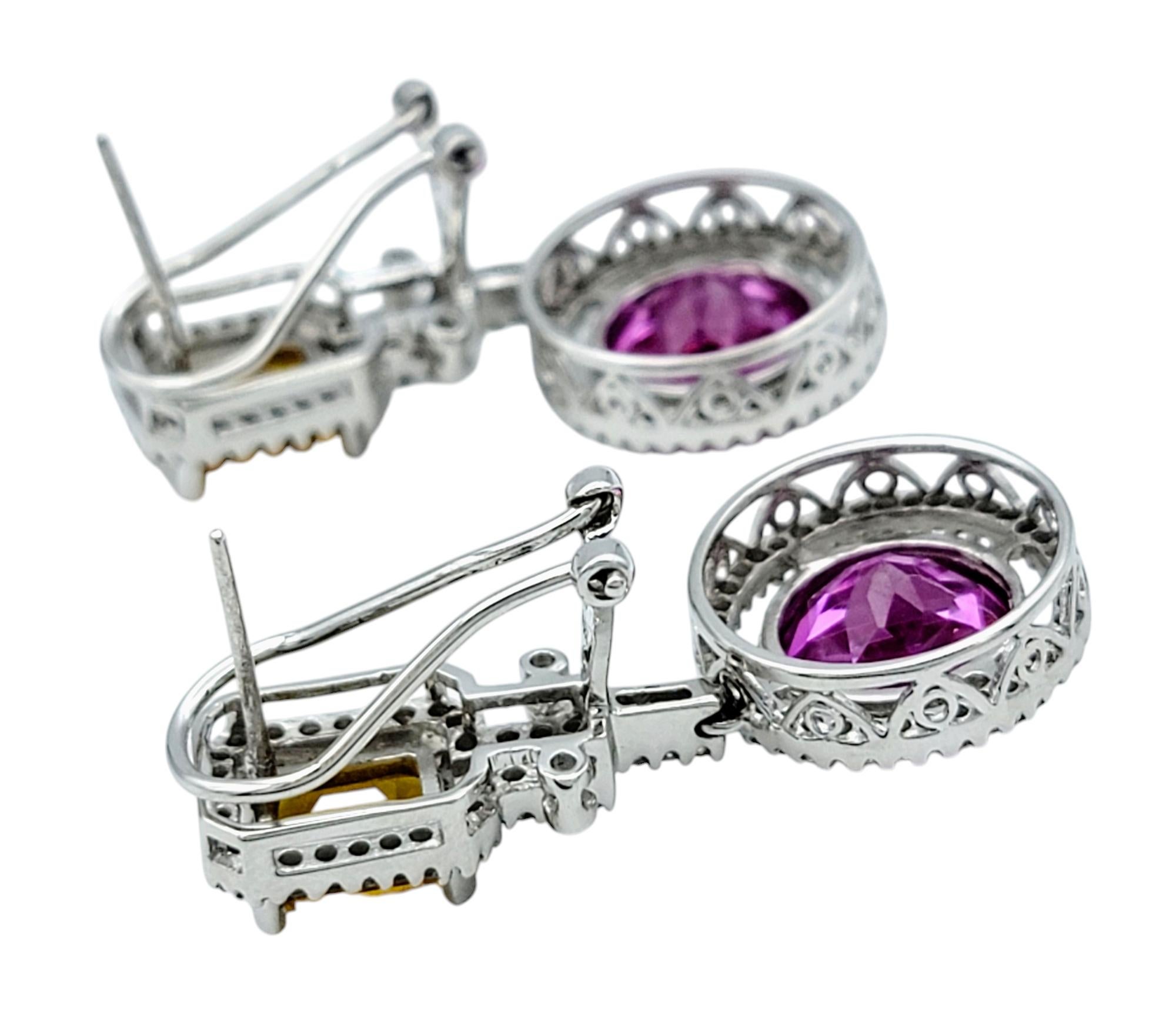 Contemporary Pink and Yellow Lab Sapphire and Natural Diamond Earrings in 14 Karat White Gold For Sale