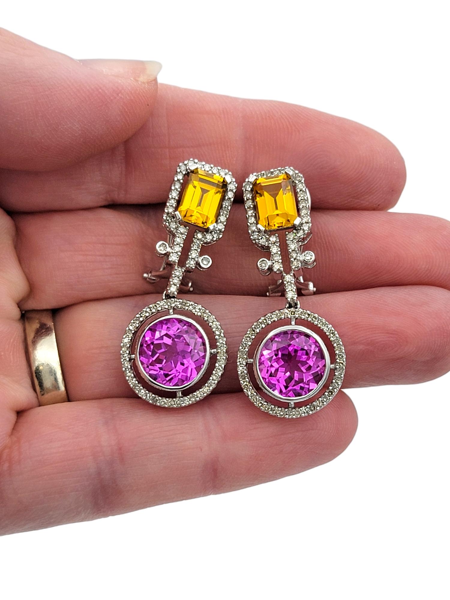 Pink and Yellow Lab Sapphire and Natural Diamond Earrings in 14 Karat White Gold In Good Condition For Sale In Scottsdale, AZ