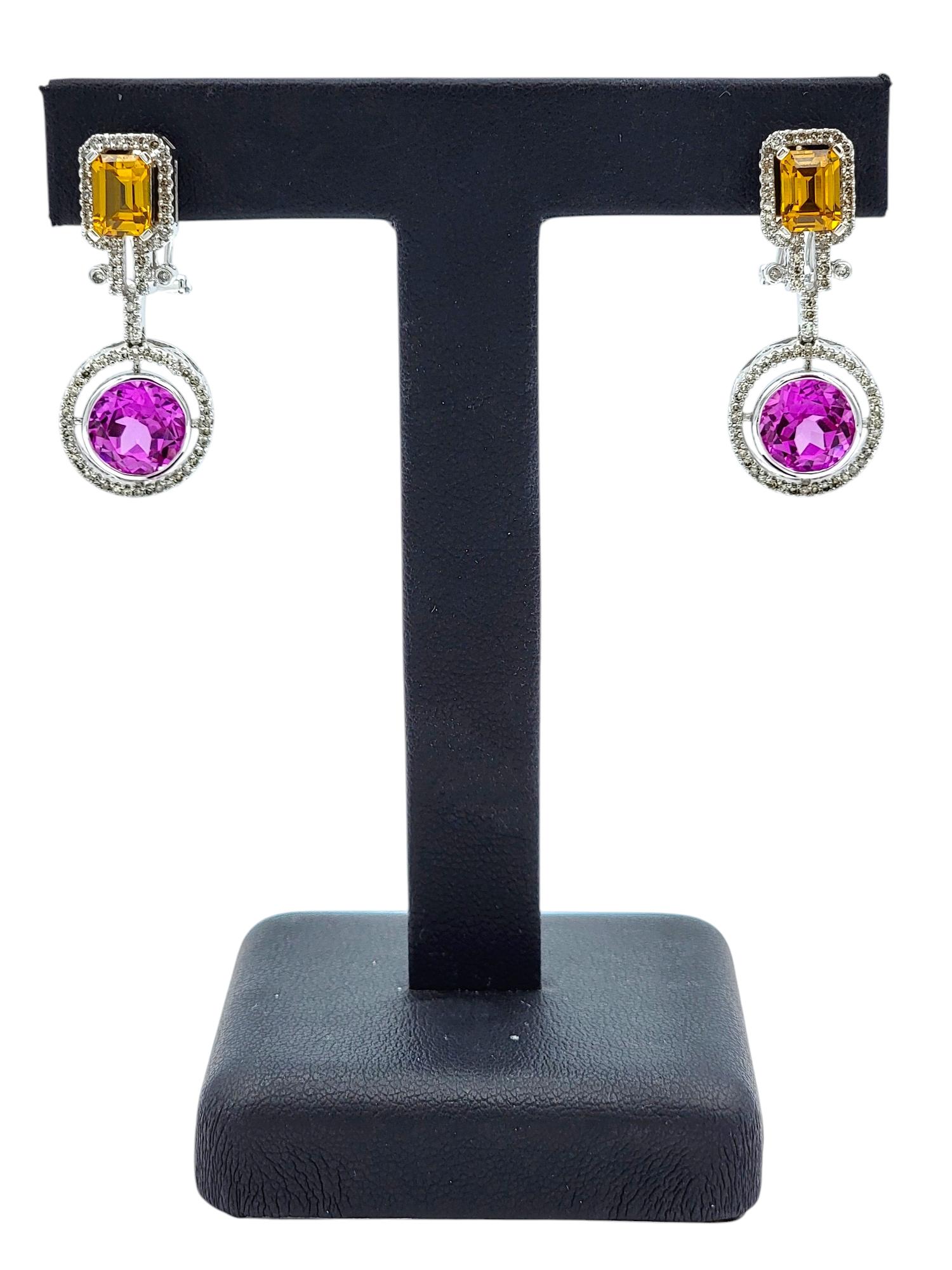 Women's Pink and Yellow Lab Sapphire and Natural Diamond Earrings in 14 Karat White Gold For Sale