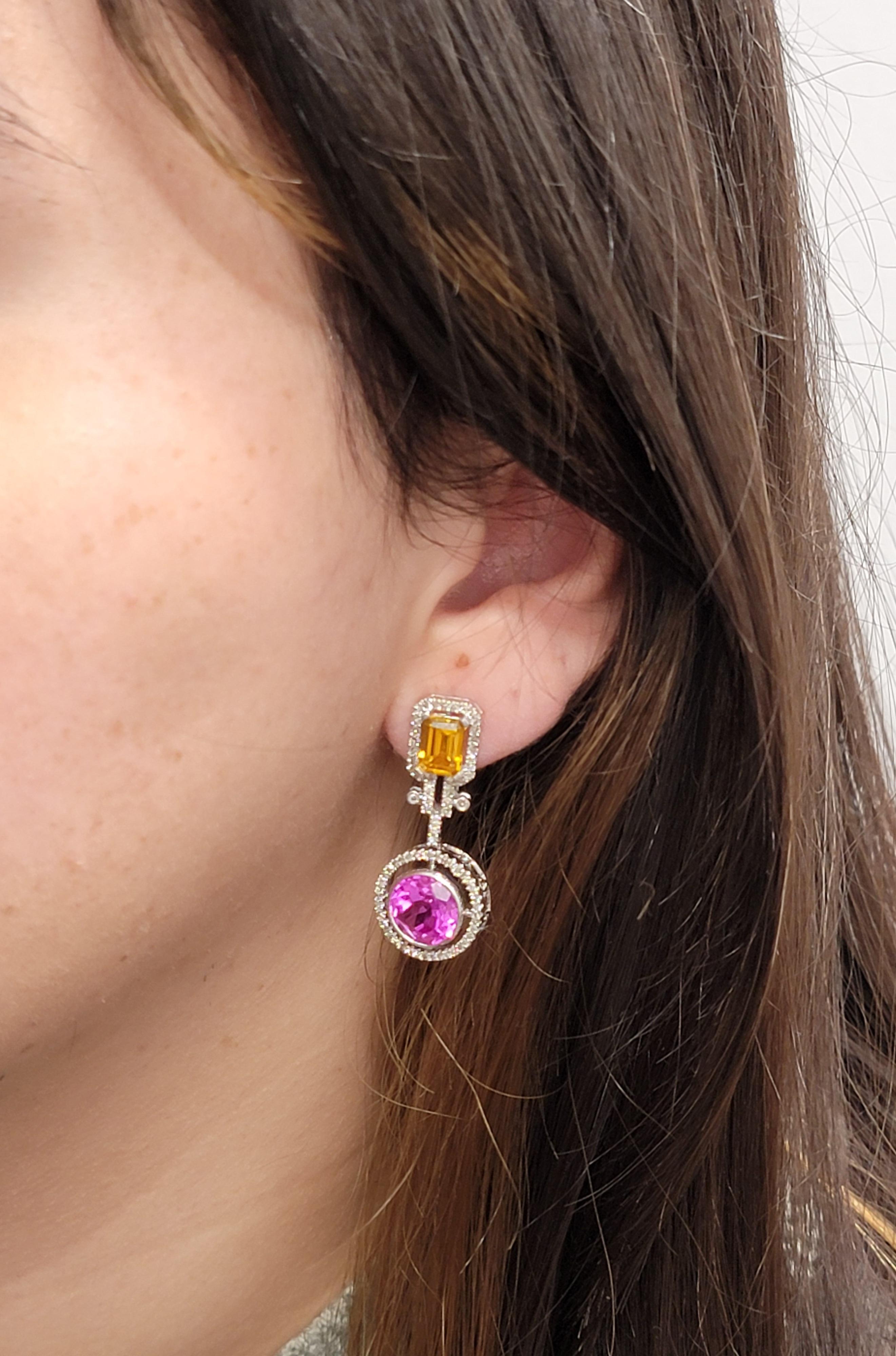 Pink and Yellow Lab Sapphire and Natural Diamond Earrings in 14 Karat White Gold For Sale 1
