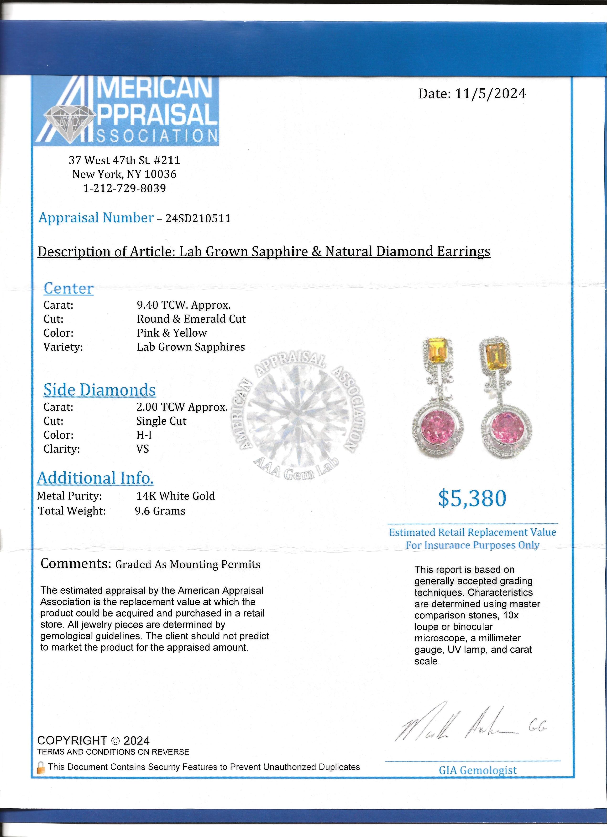 Pink and Yellow Lab Sapphire and Natural Diamond Earrings in 14 Karat White Gold For Sale 2