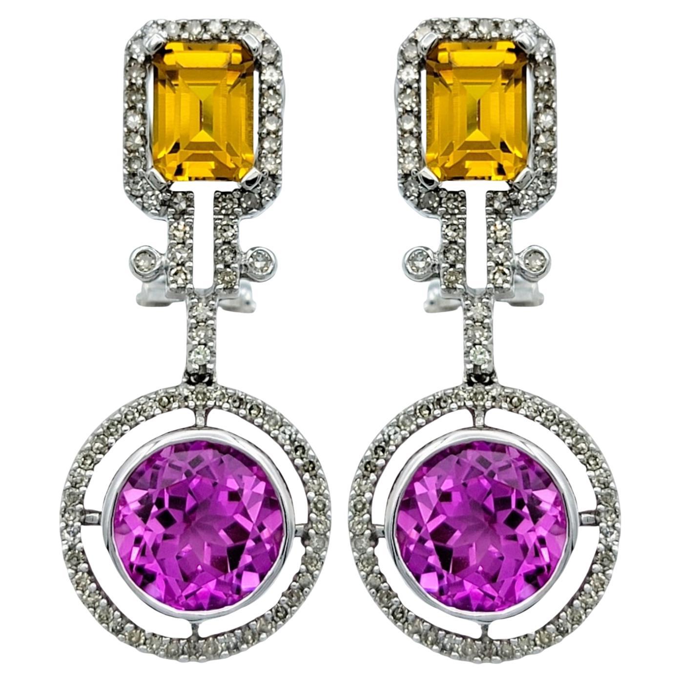 Pink and Yellow Lab Sapphire and Natural Diamond Earrings in 14 Karat White Gold For Sale