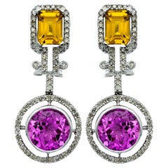 Pink and Yellow Lab Sapphire and Natural Diamond Earrings in 14 Karat White Gold