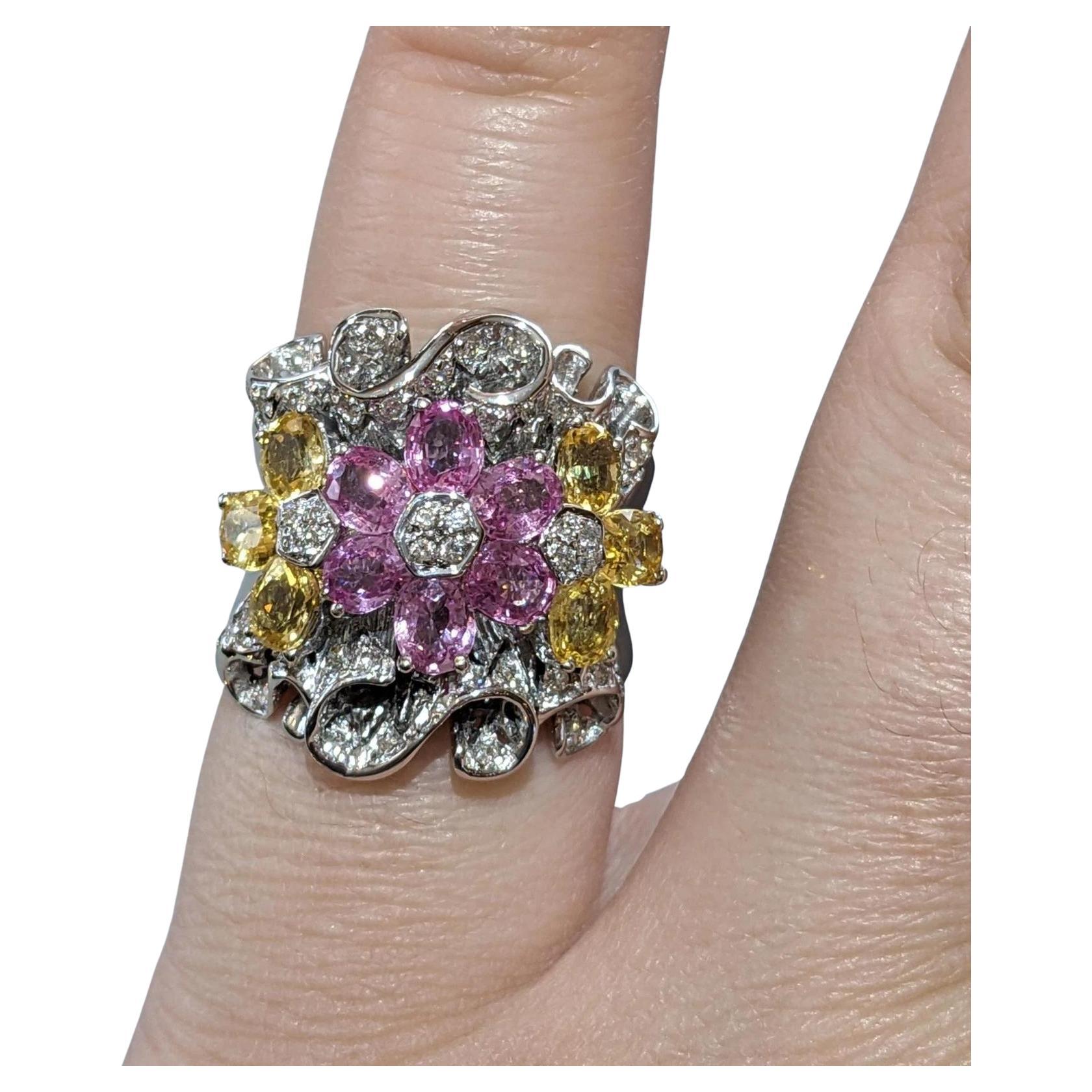 Pink and Yellow Sapphire and Diamond Floret Ring in 18k White Gold