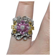 Pink and Yellow Sapphire and Diamond Floret Ring in 18k White Gold