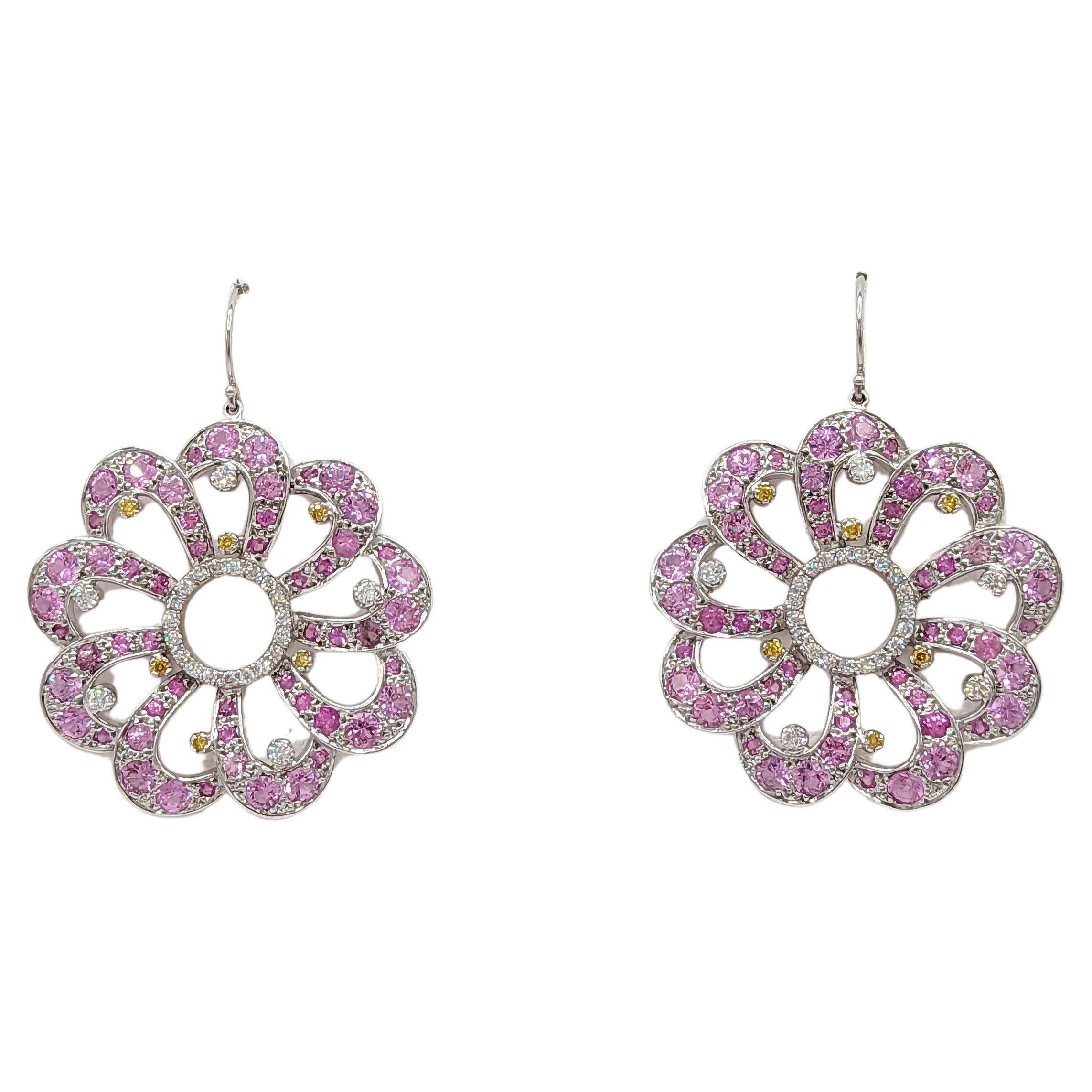 Pink and Yellow Sapphire and White Diamond Floral Dangle Earrings in 14K 