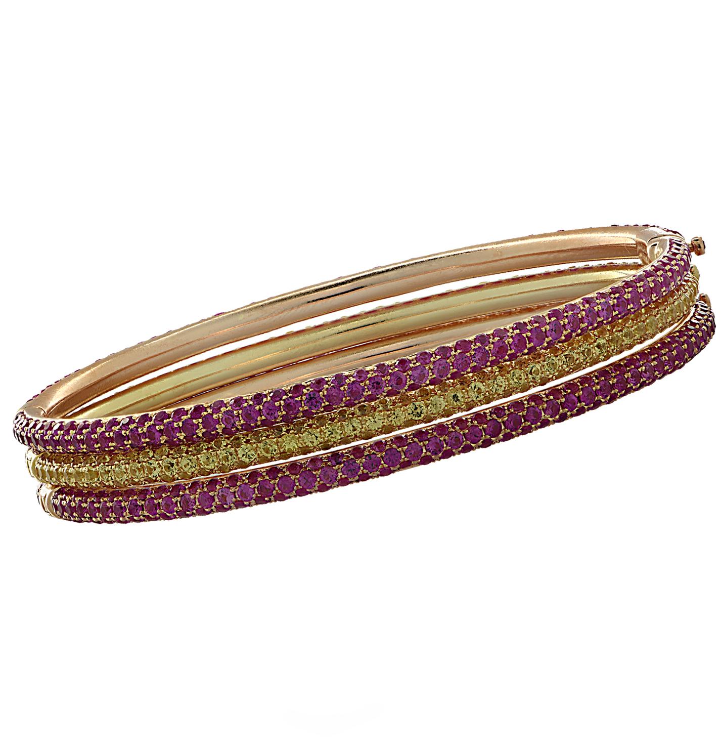 Modern Pink and Yellow Sapphire Bangle Bracelet Set