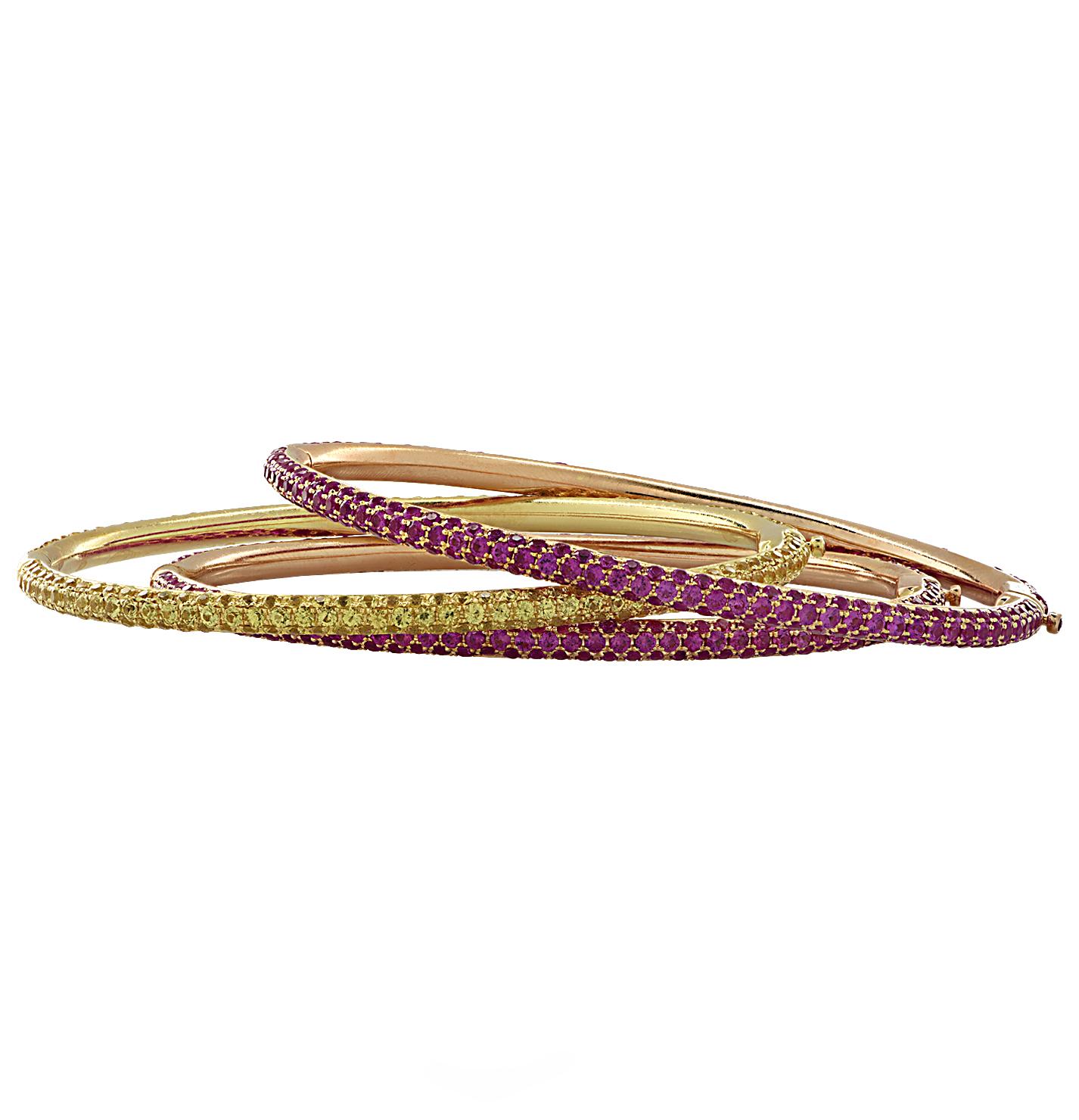 Pink and Yellow Sapphire Bangle Bracelet Set In Good Condition In Miami, FL