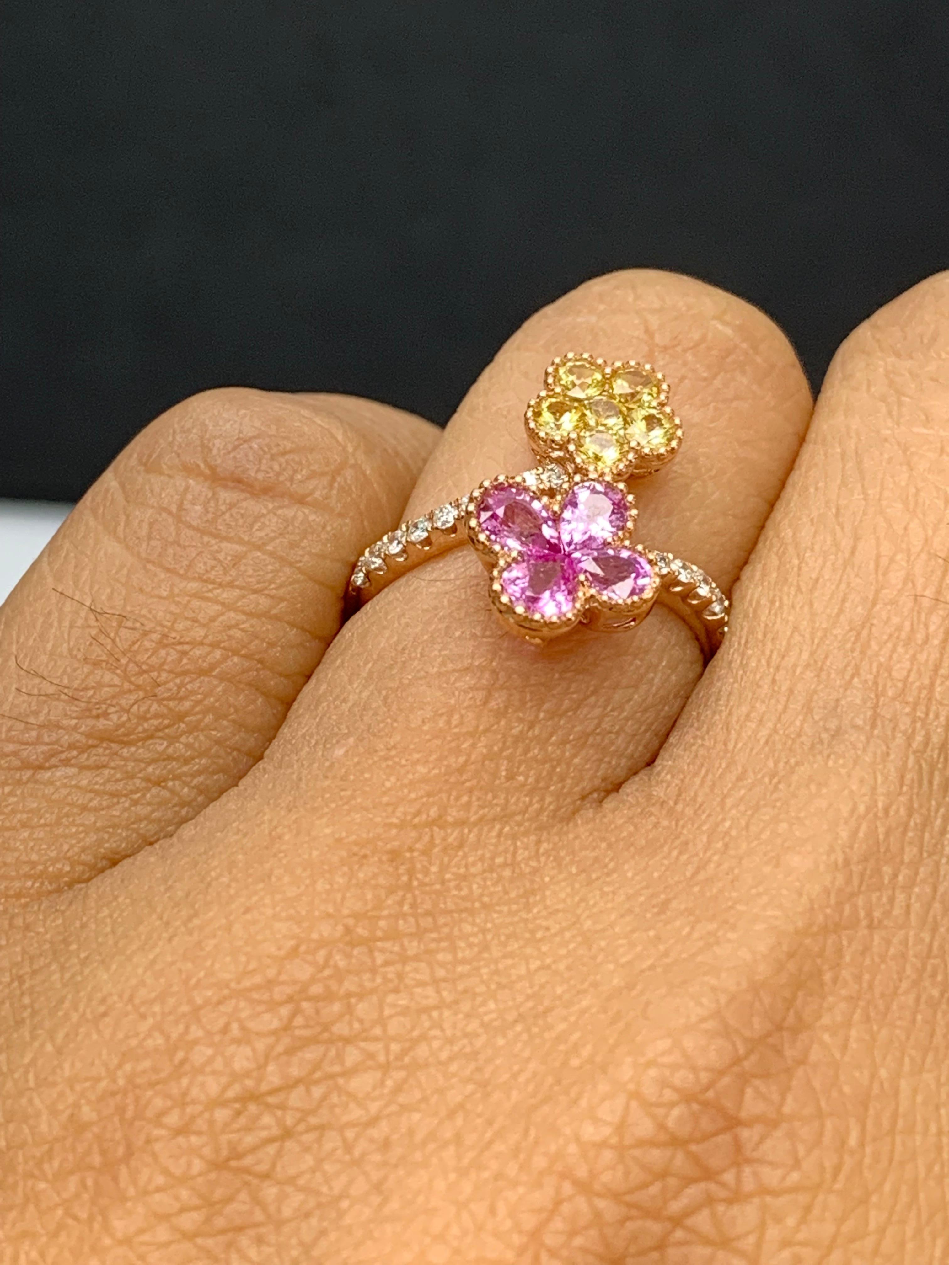 Pink and Yellow Sapphire Flower Diamond Ring in 18K Rose Gold For Sale 4