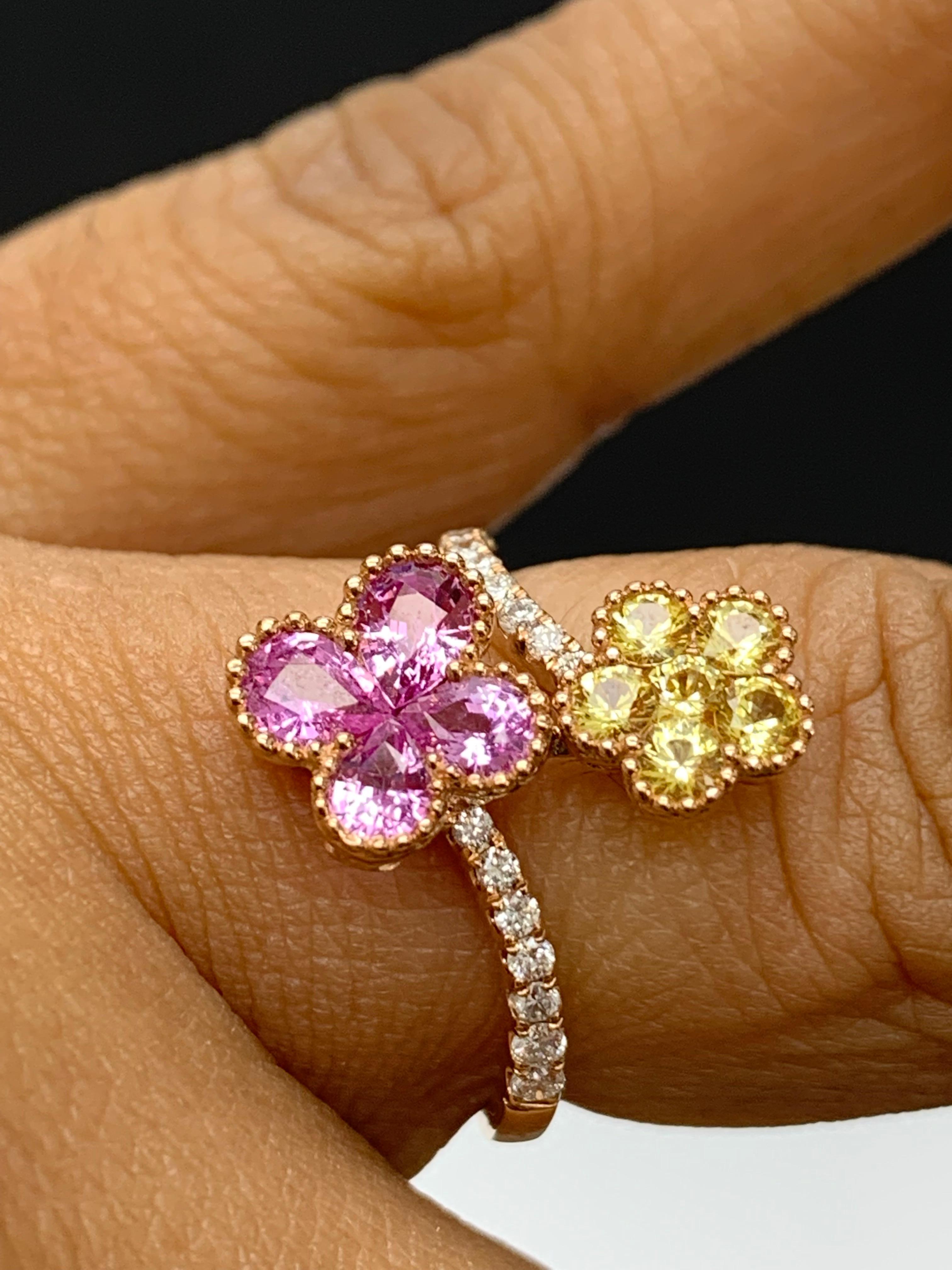 Pink and Yellow Sapphire Flower Diamond Ring in 18K Rose Gold For Sale 5